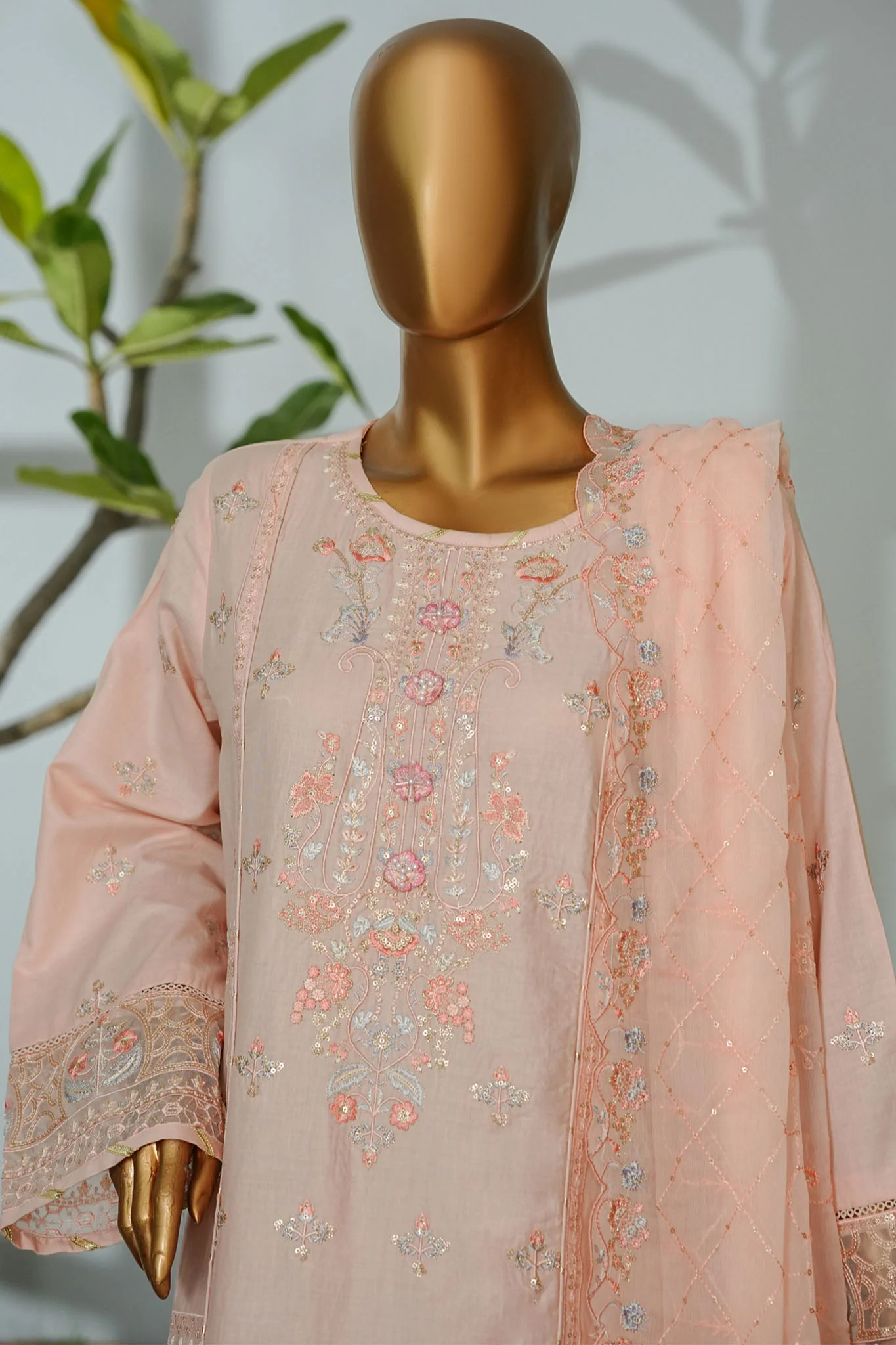 Bin Saeed Stitched 3 Piece Luxury Emb Lawn Suit-D-2709 PEACH - Image 2