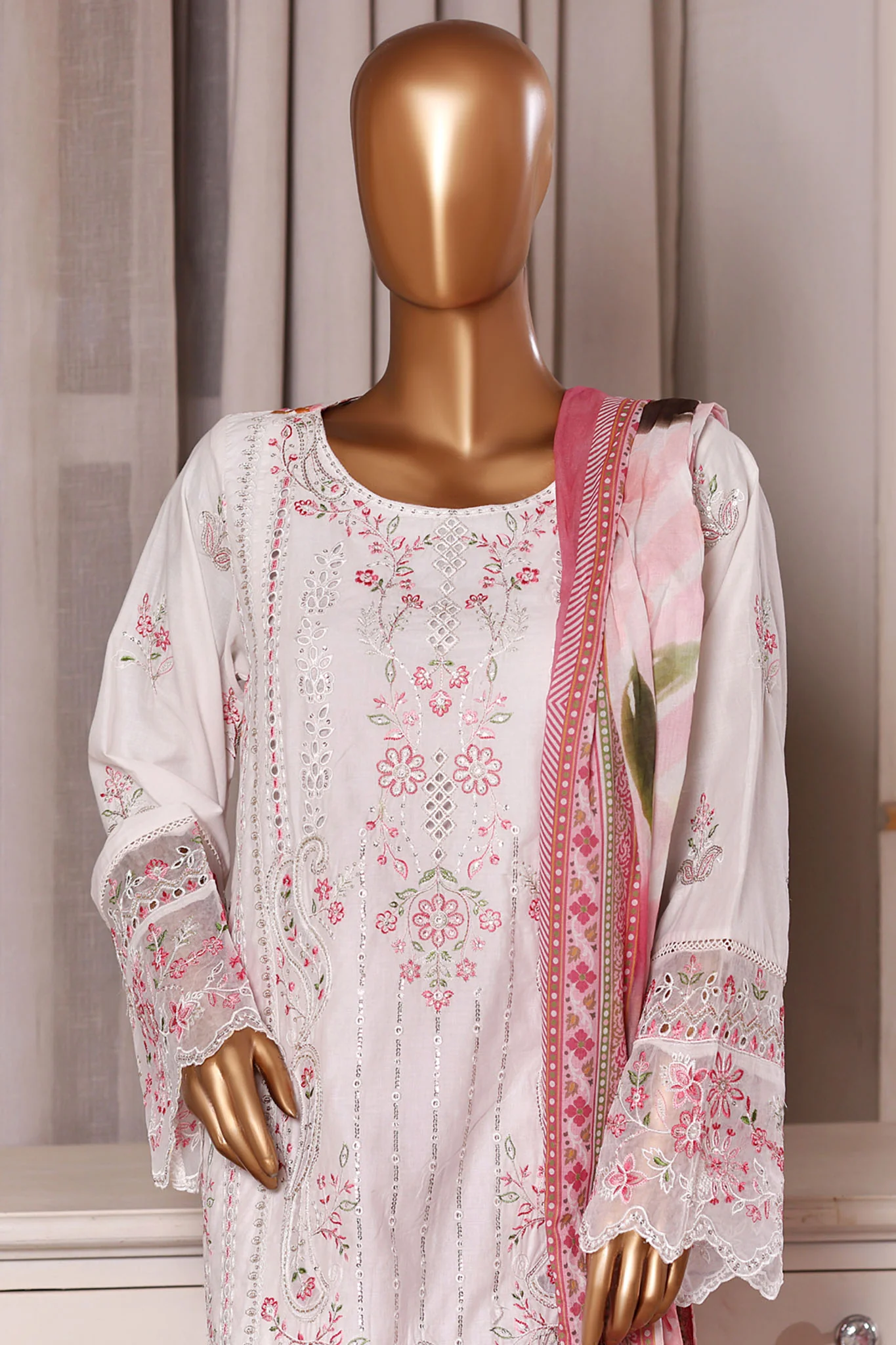 Bin Saeed Stitched 3 Piece Luxury Chikankari & Laserkari Suit-NSM-2776-WHITE - Image 2