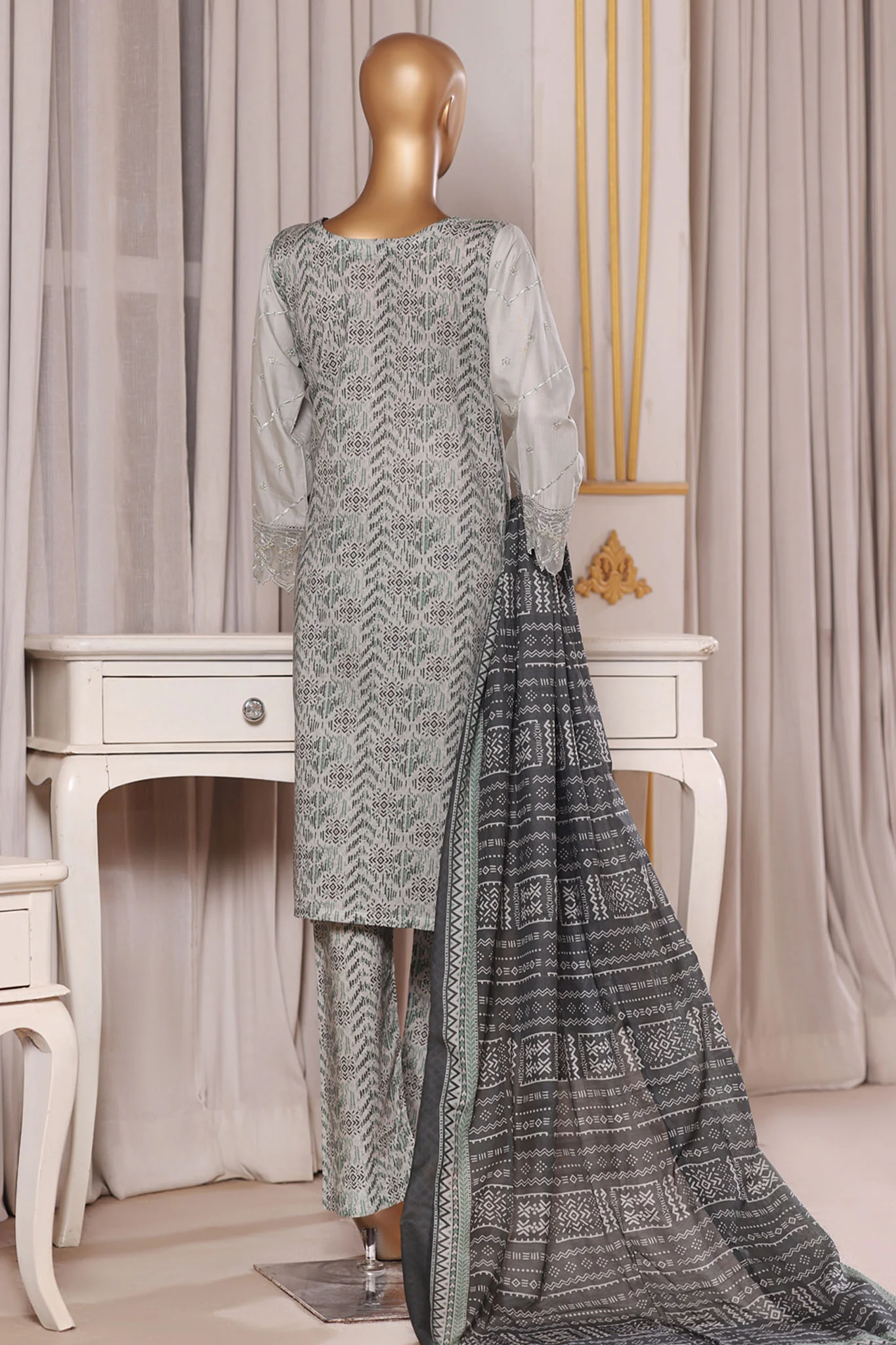 Bin Saeed Stitched 3 Piece Luxury Chikankari & Laserkari Suit-NSM-2778-GRAY - Image 3