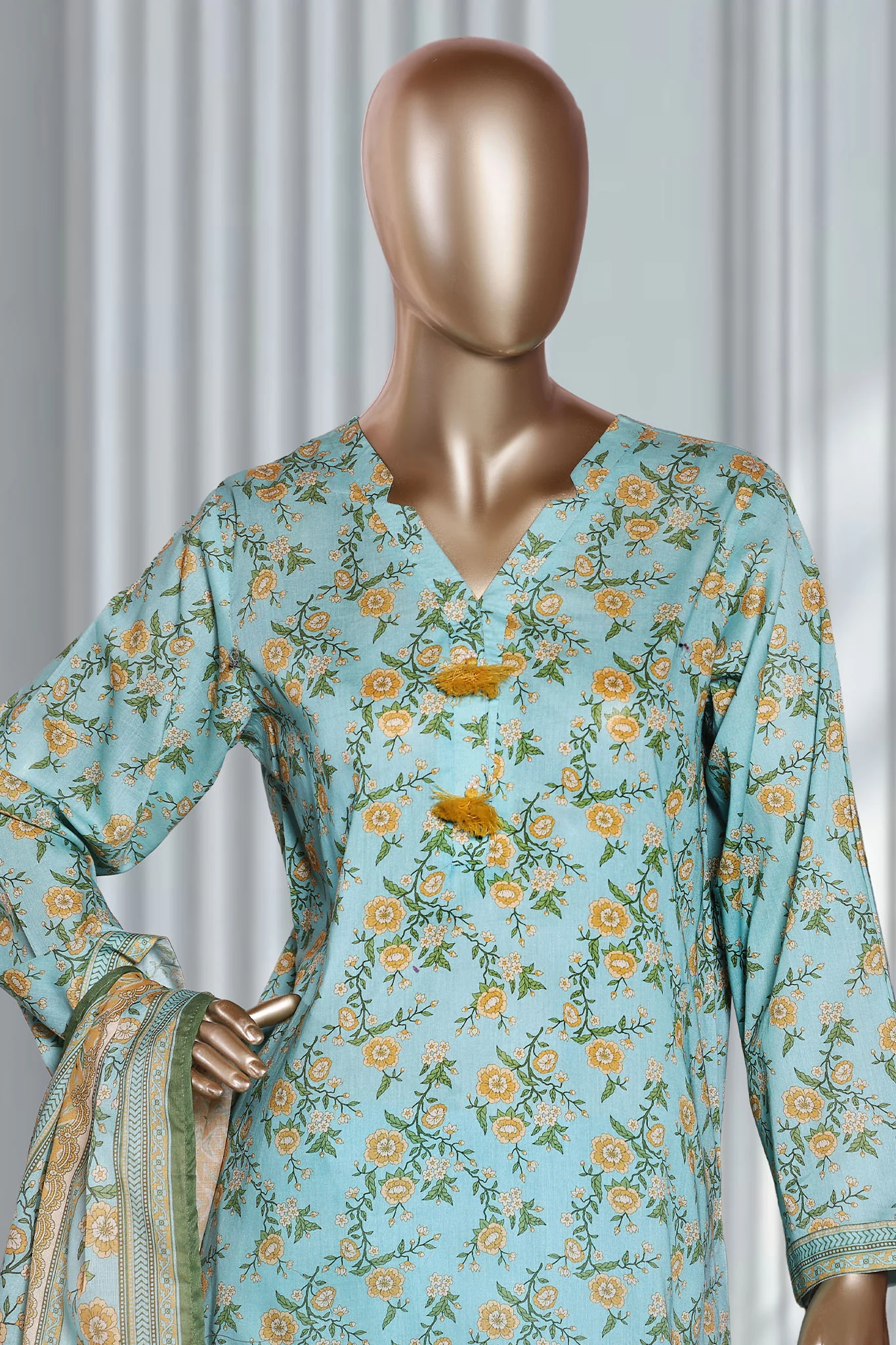 Bin Saeed Stitched 3 Piece Exclusive Printed Lawn Vol-02 Suit-LSM-2724-Ferozi - Image 2