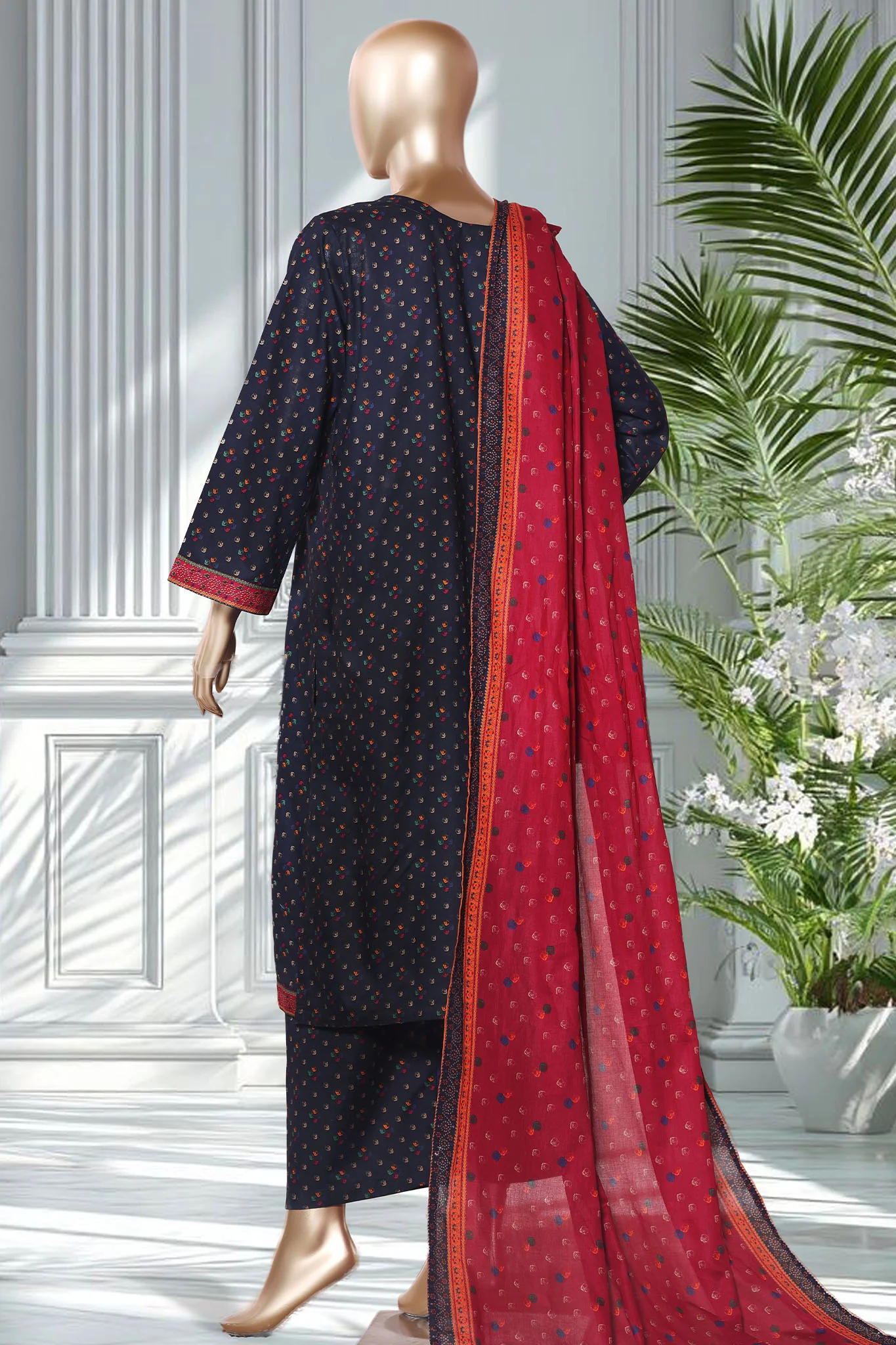 Bin Saeed Stitched 3 Piece Exclusive Printed Lawn Vol-02 Suit-LSM-2728-Navy Blue - Image 2