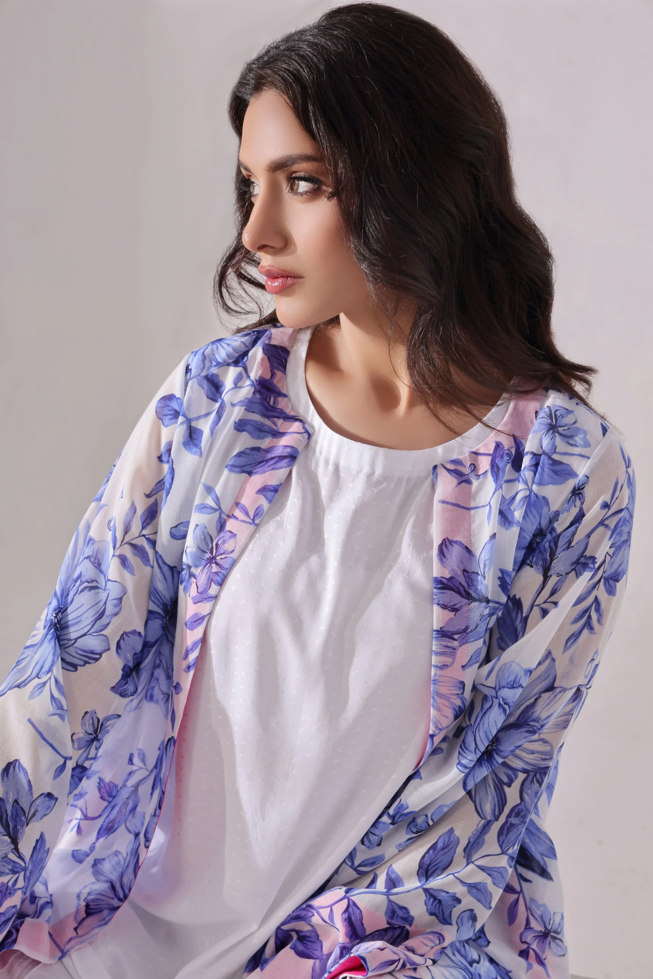 Ora Fashion Stitched 3 Piece Summer Suit-CARDIGAN with Shirt & Farshi Bottom - Image 6