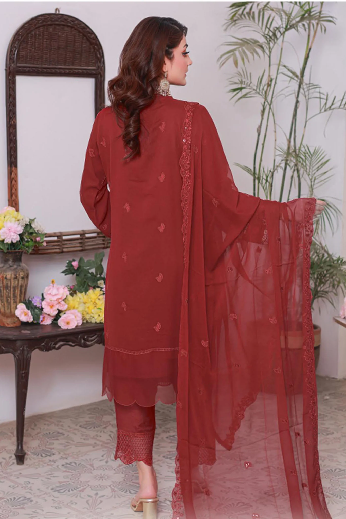 Carnation By Azmeerah Stitched 3 Piece Festive Pret Chiffon Suit-05-Scarlet Glow - Image 3