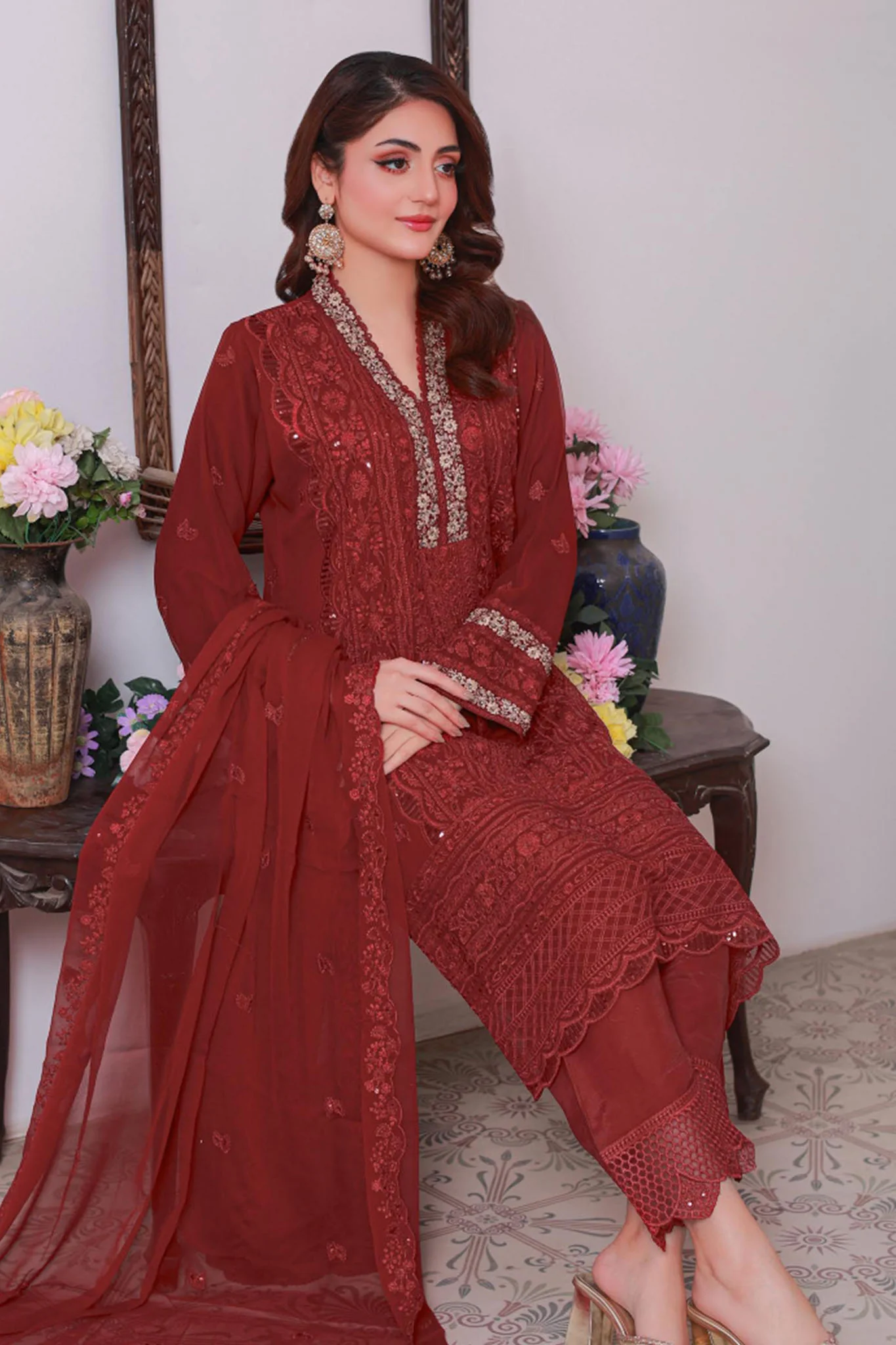 Carnation By Azmeerah Stitched 3 Piece Festive Pret Chiffon Suit-05-Scarlet Glow - Image 5