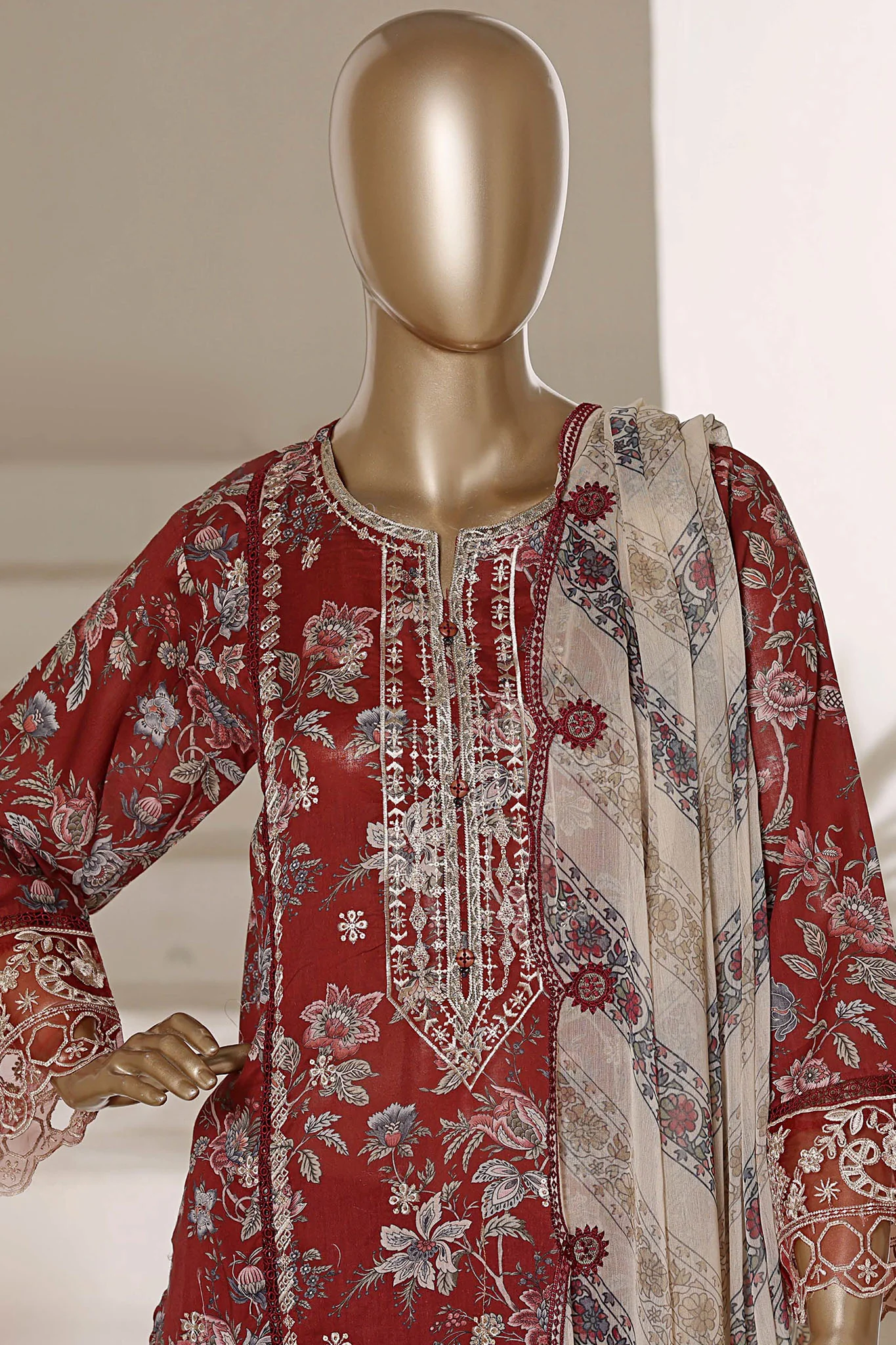 Signature By Sada Bahar Stitched 3 Piece Festive Emb Lawn Vol-02 Suit-CD-675-BROWN - Image 2