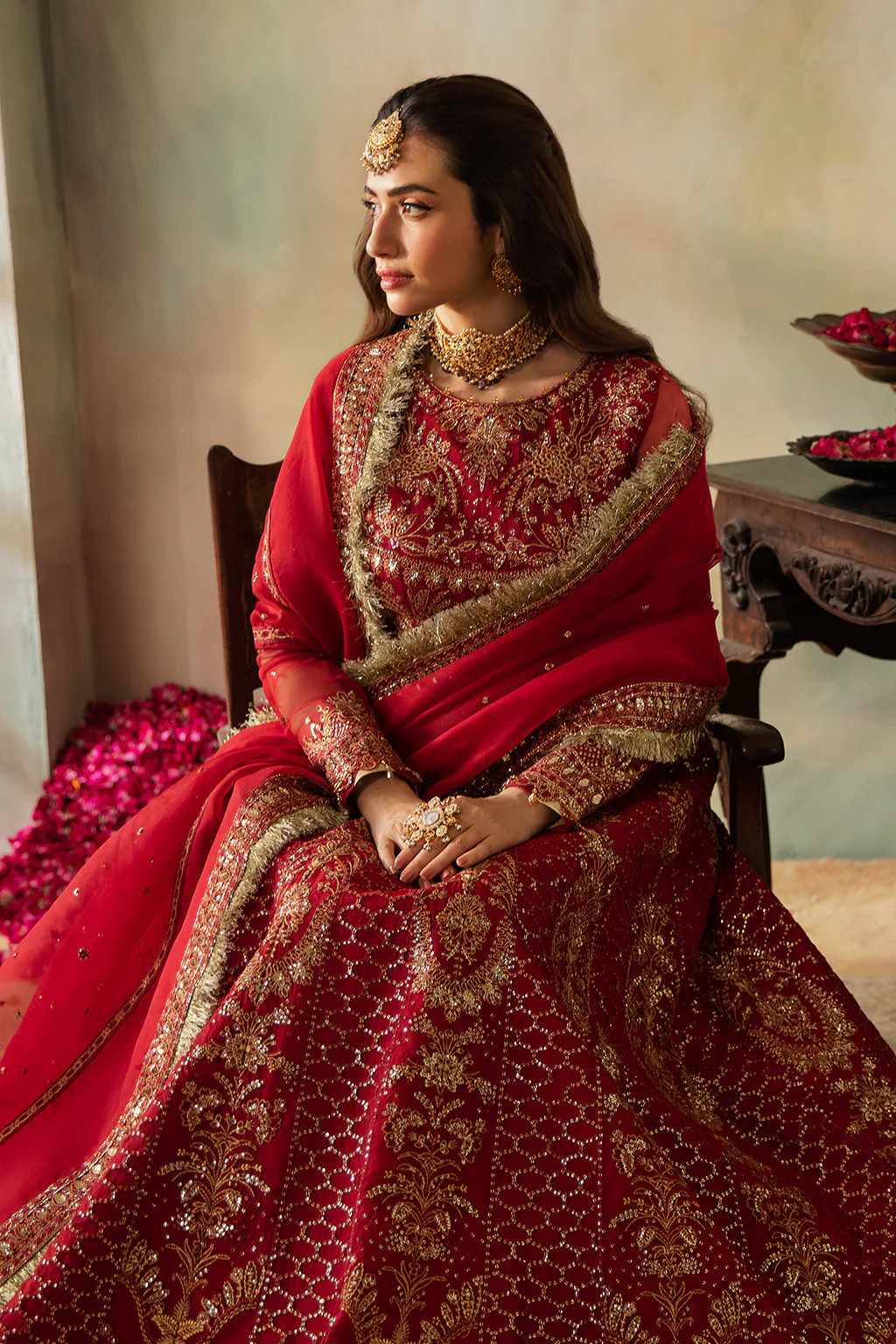 Elena By Meeral Unstitched 3 Piece Wedding Formals Suit-Cerise - Image 6