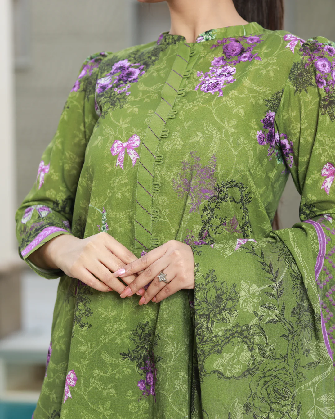Chameli Studio-Olive Garden Lawn Digital Print 3 Piece Unstitched Suit-WRTS-0008 - Image 5