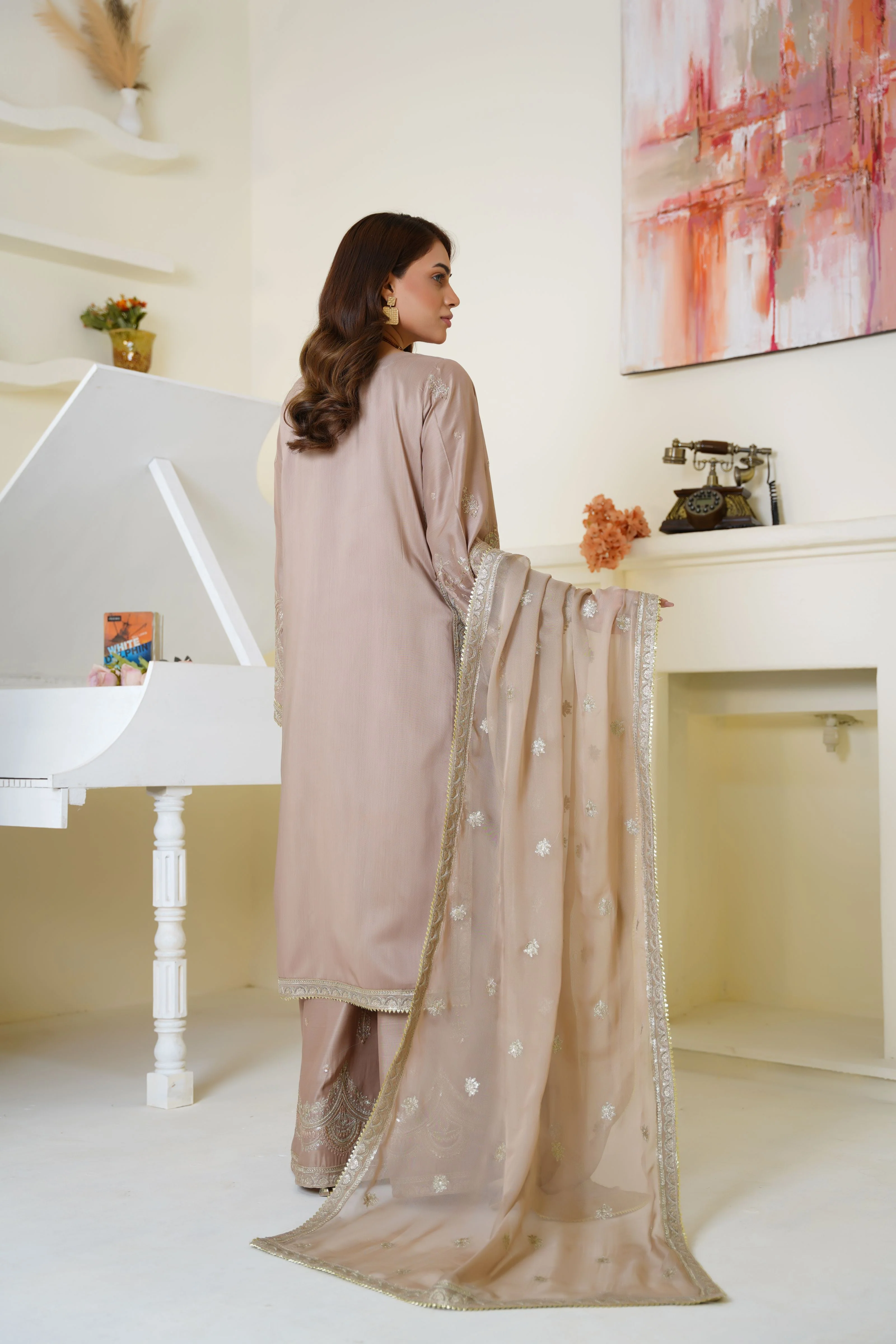 Threads & Weaves Champagne Beige Embroidered Viscose 3-Piece Suit - Image 3