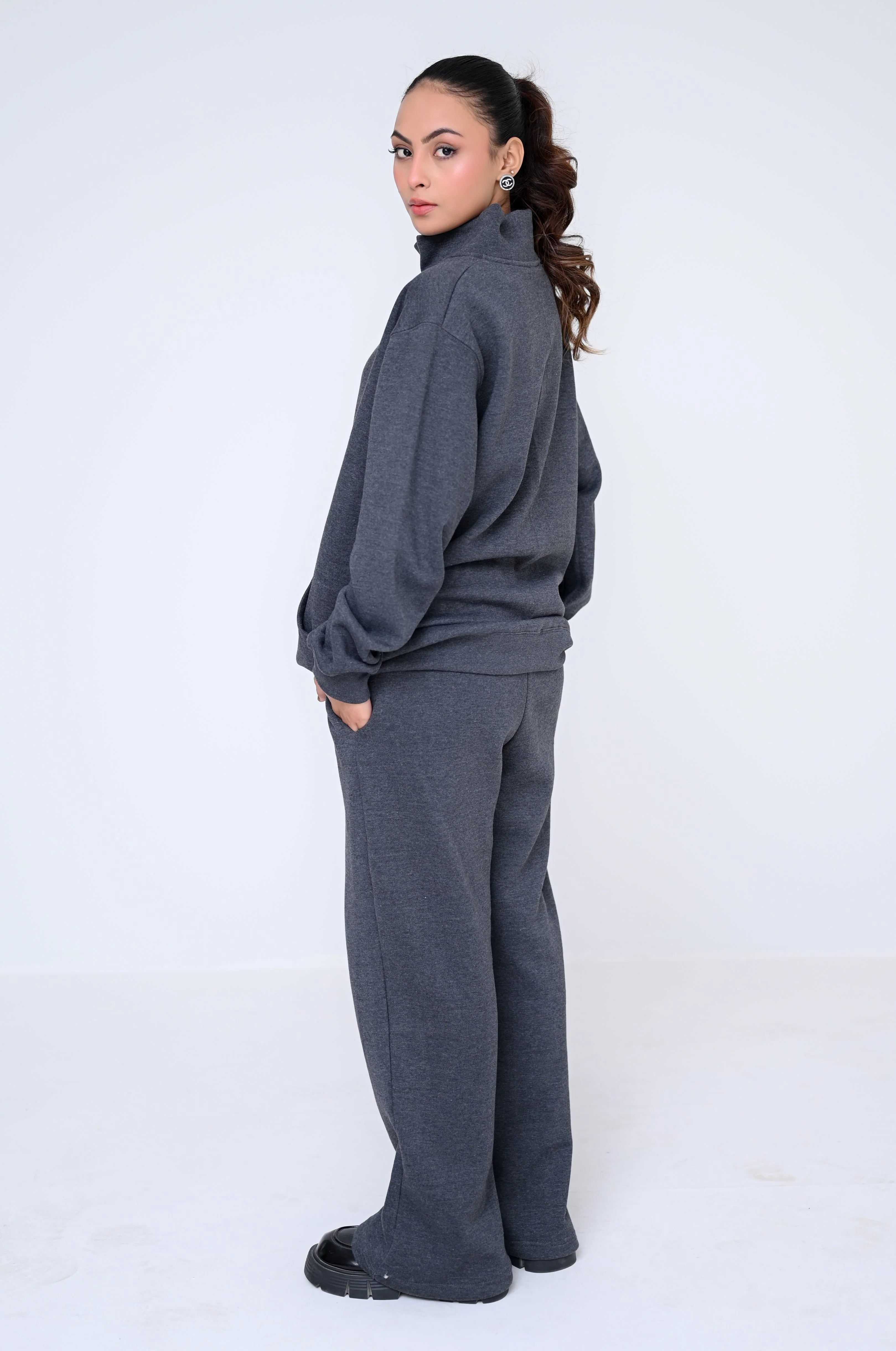 Winter Women Core By Suitsu Stitched Western Suit-Charcoal Zip Comfort Set - Image 4