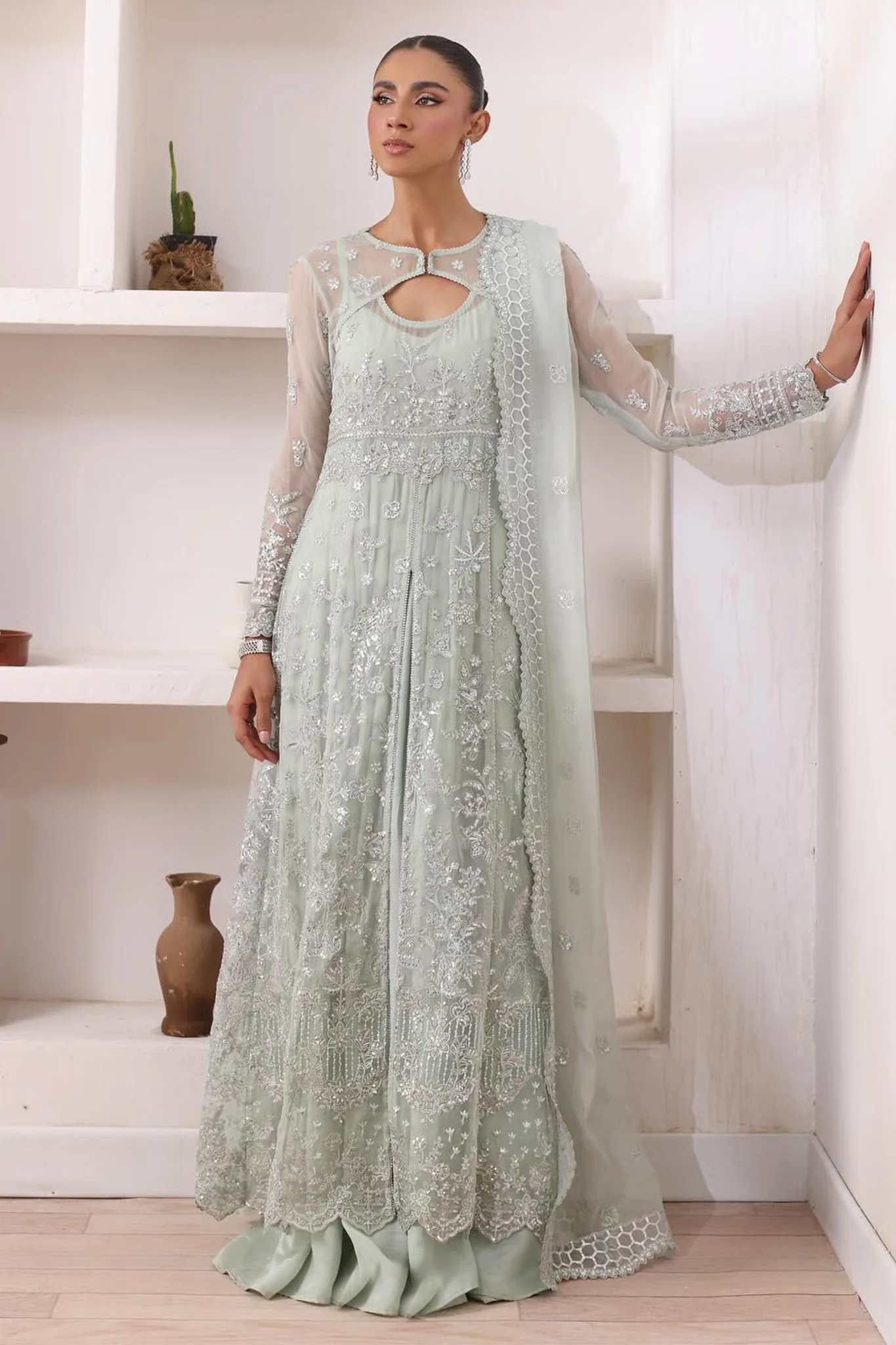 Chiffon De Luxe By Noor Saadia Asad Unstitched 3 Piece Luxury Formals Suit-D-08-Sage - Image 4