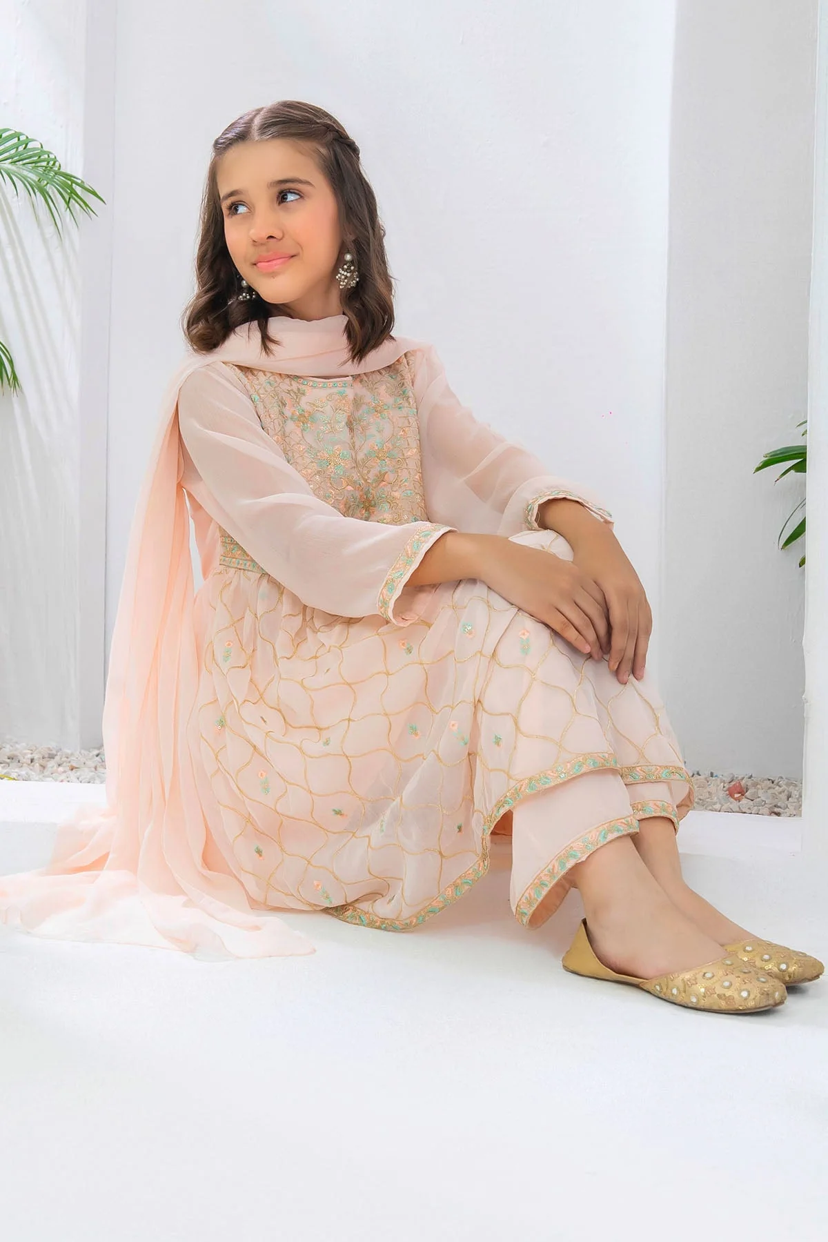 Ochre Clothing Chiffon Embroidered 3 Pc Suit-EM-65 - Image 2