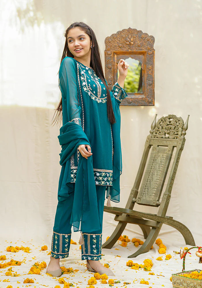 Ochre Clothing Chiffon Embroidered 3 Pc Suit - Image 2