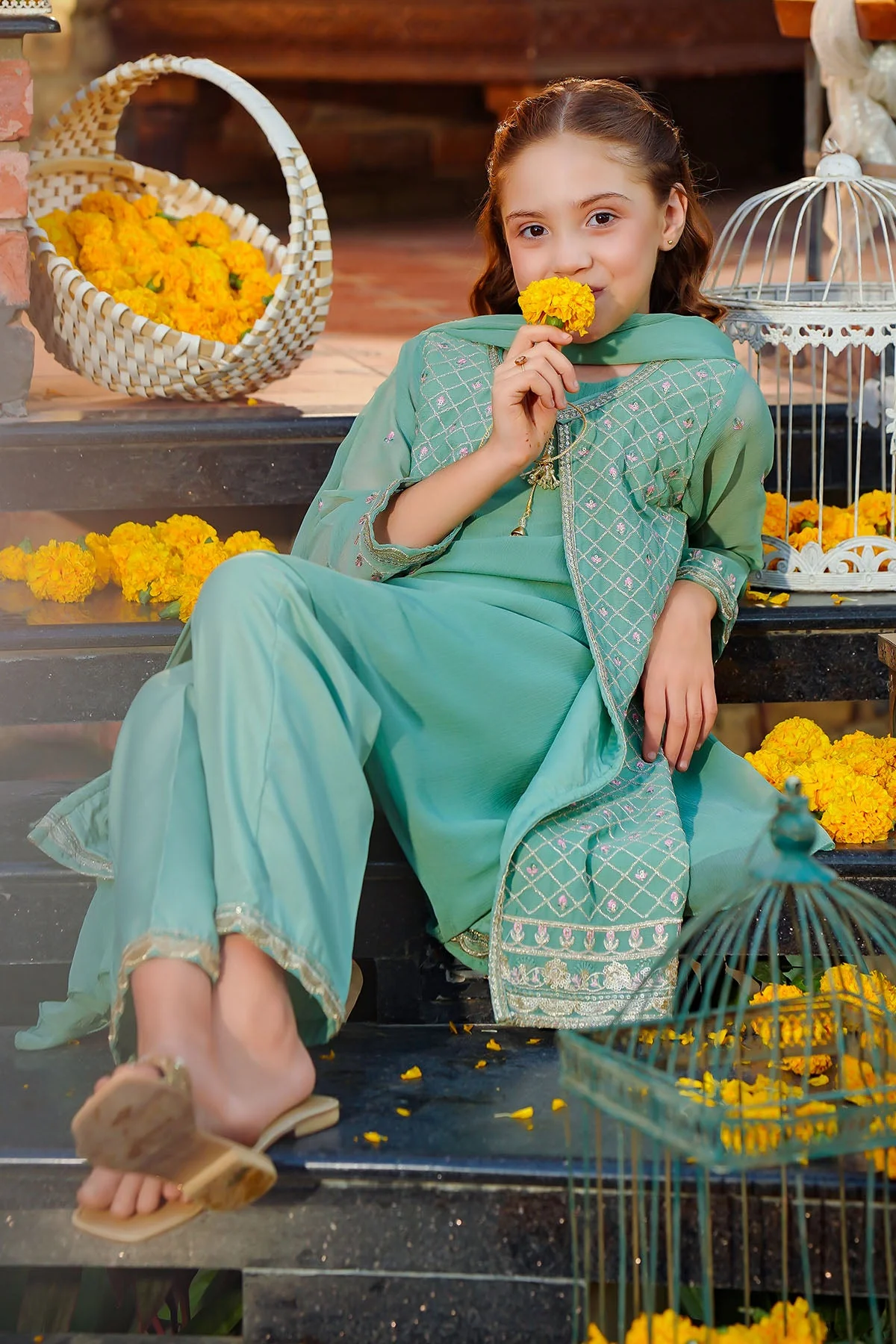 Ochre Clothing Chiffon Embroidered 3 Pc Suit-EM-64 - Image 3