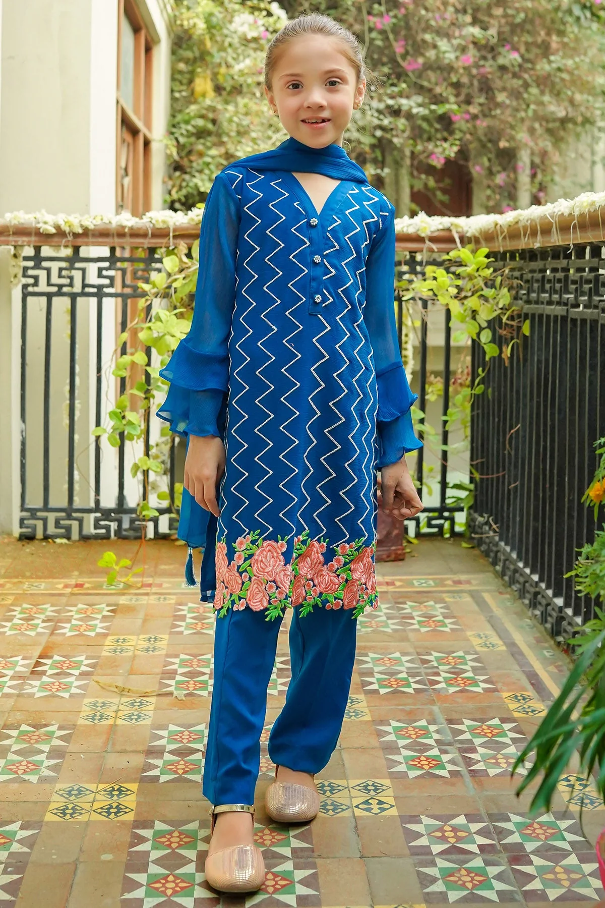 Ochre Clothing Chiffon Embroidered 3 Pc Suit