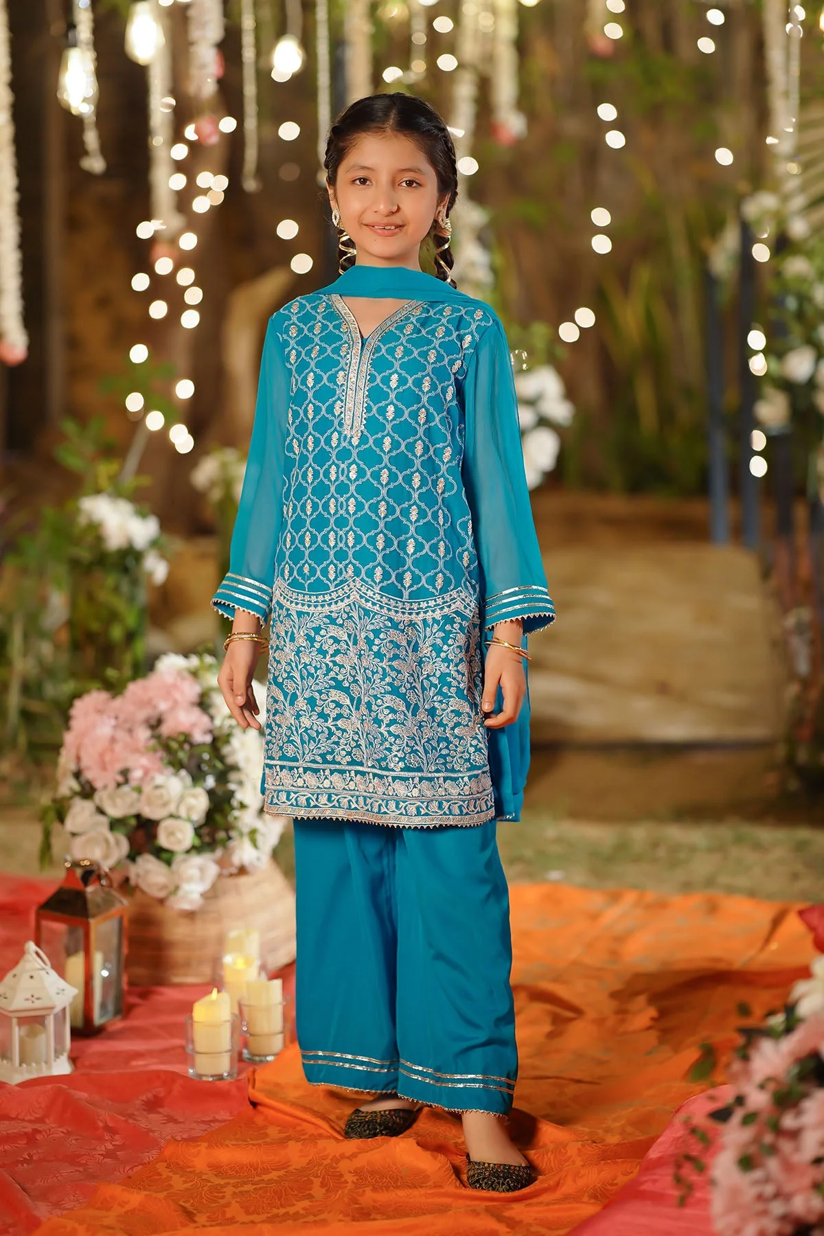 Ochre Clothing Girls Full Suits Chiffon Embroidered 3 Pc Suit