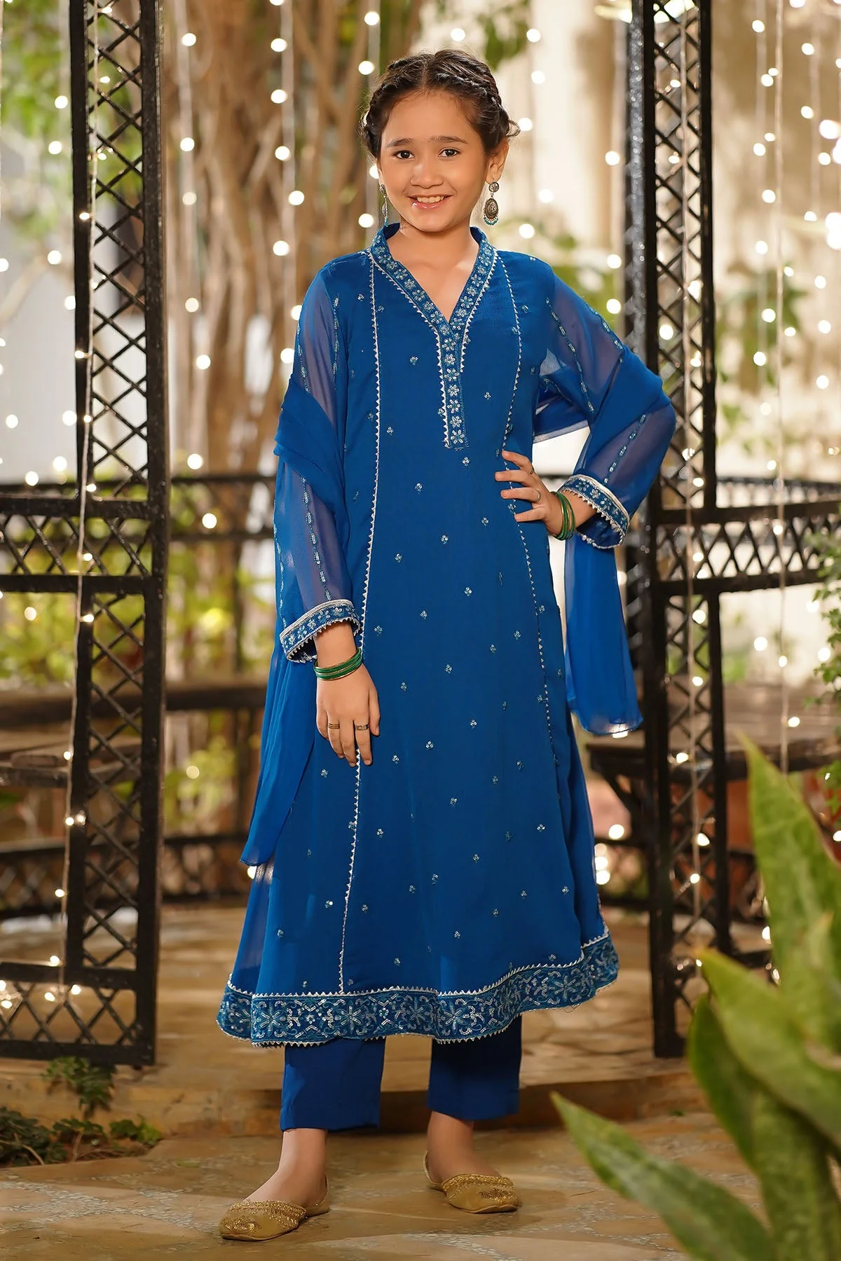 Ochre Clothing Girls Full Suits Chiffon Embroidered 3 Pc Suit