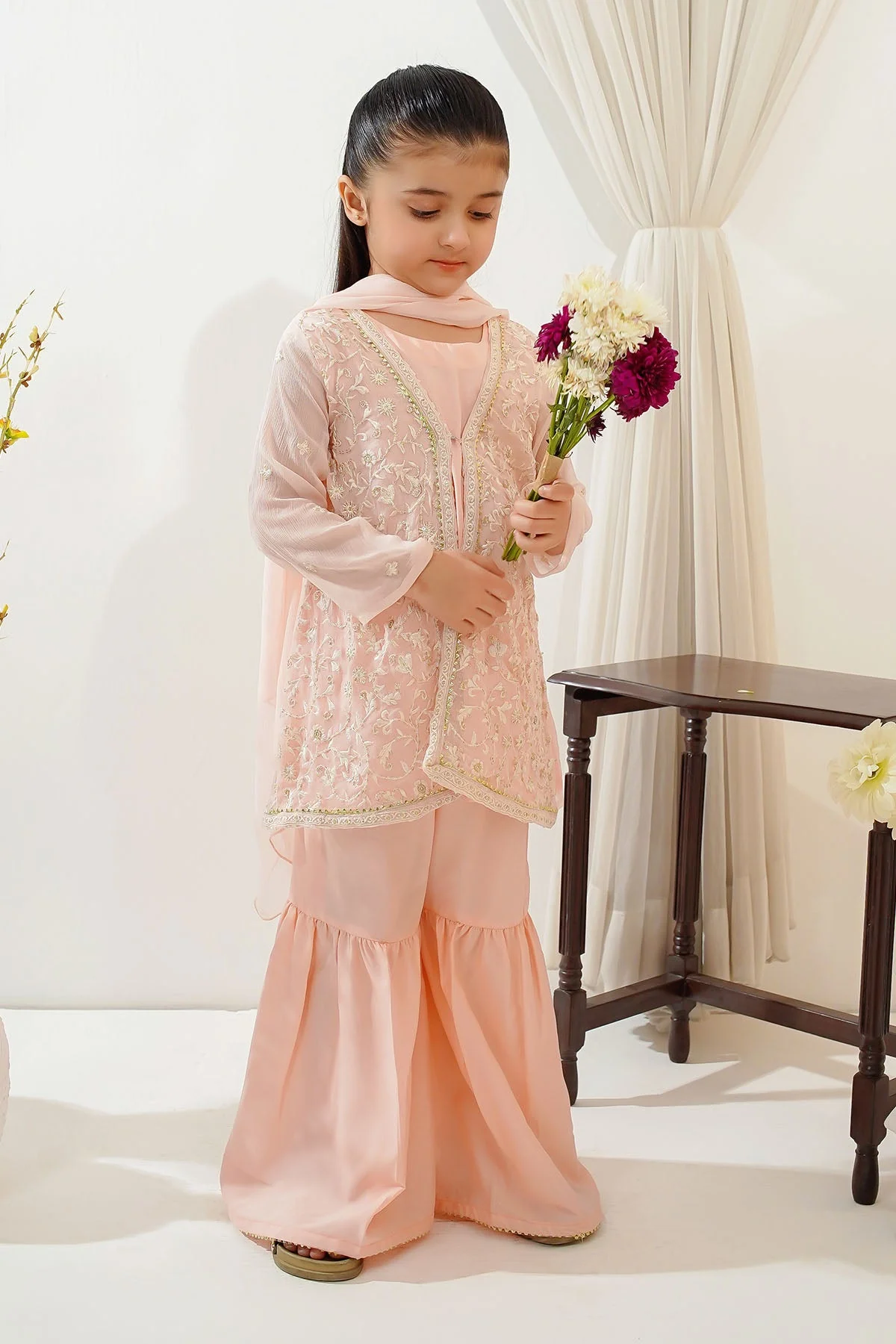 Ochre Clothing Toddlers Eastern Chiffon Embroidered 3 Pc Suit - Image 2