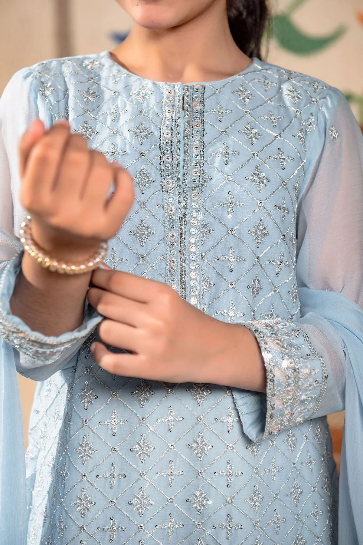 Ochre Clothing Girls Full Suits Chiffon Embroidered 3 Pc Suit - Image 2