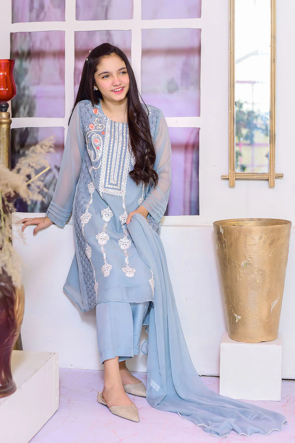 Ochre Clothing Chiffon Embroidered 3 Pc Suit - Image 4