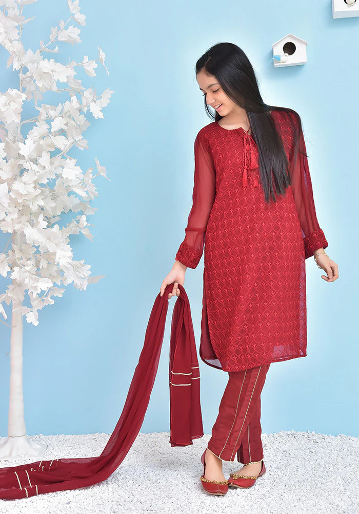 Ochre Clothing Chiffon Embroidered 3 Pc Suit