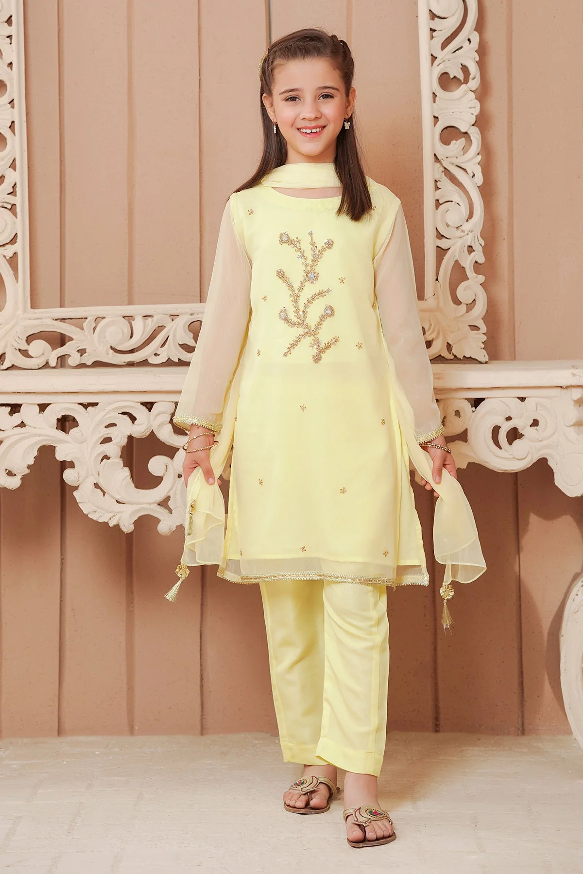 Ochre Clothing Chiffon Hand Adda Work 3 Pc Suit