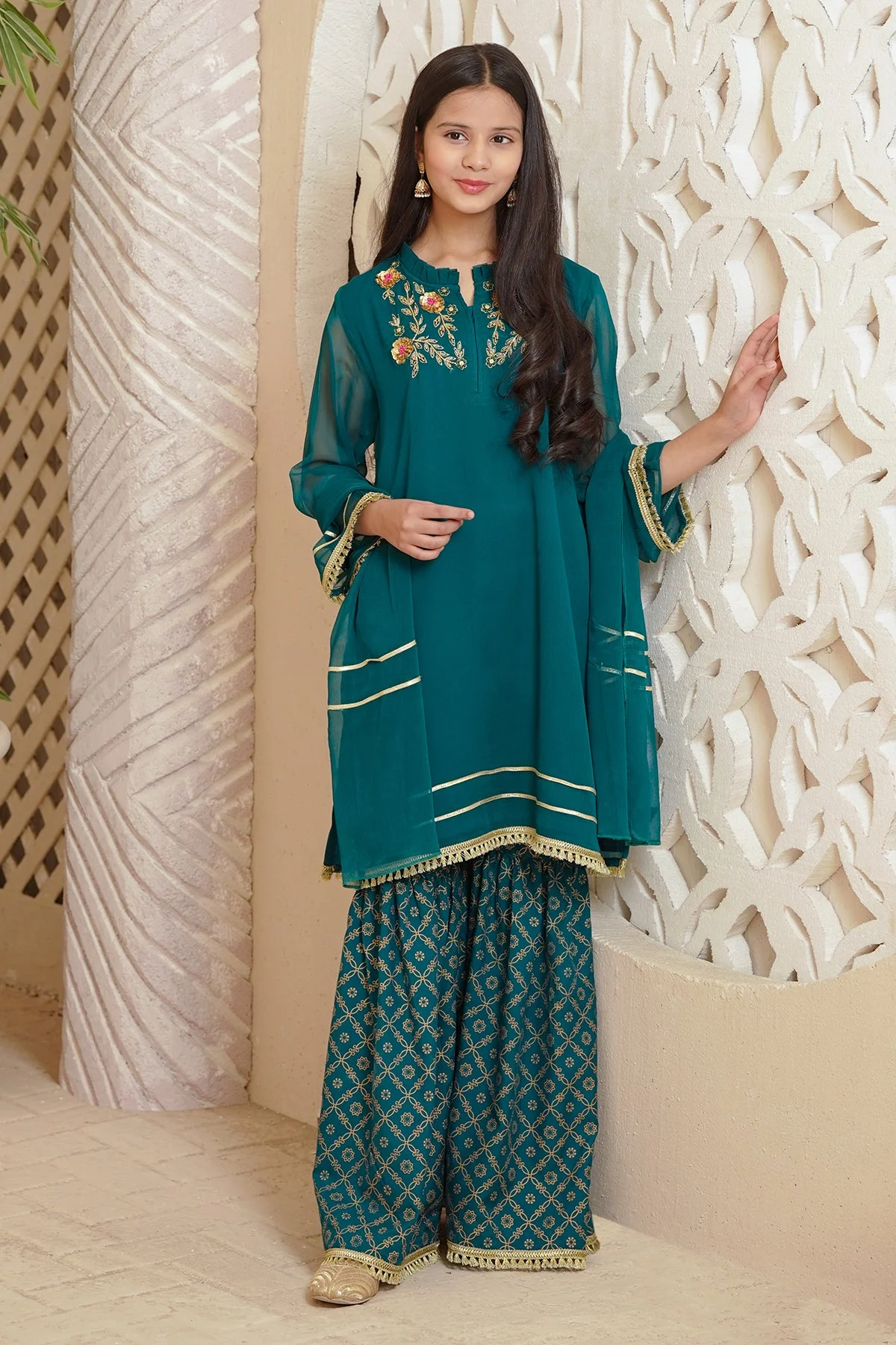 Ochre Clothing Chiffon Hand Adda Work 3 Pc Suit - Image 3