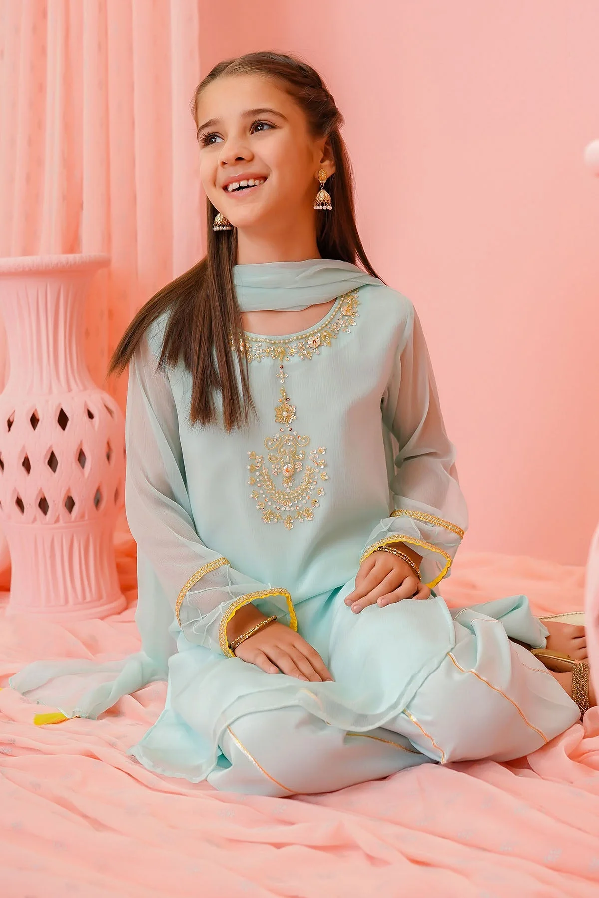 Ochre Clothing Chiffon Hand Adda Work 3 Pc Suit - Image 5
