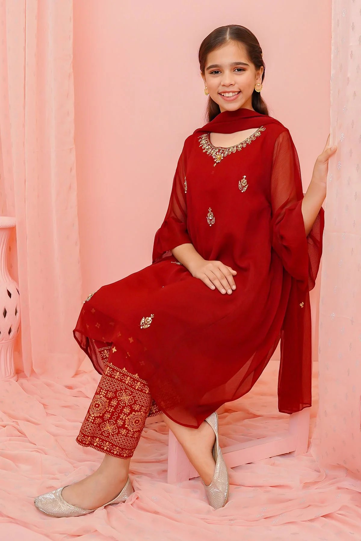Ochre Clothing Chiffon Hand Adda Work 3 Pc Suit - Image 4