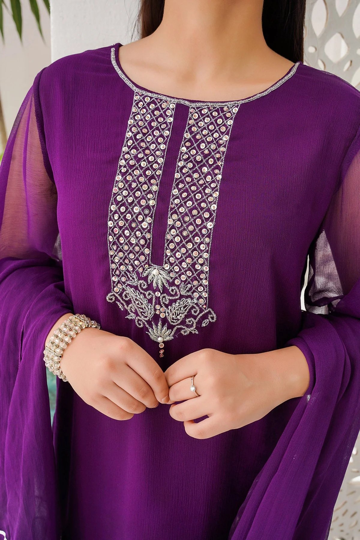 Ochre Clothing Chiffon Hand Adda Work 3 Pc Suit - Image 2