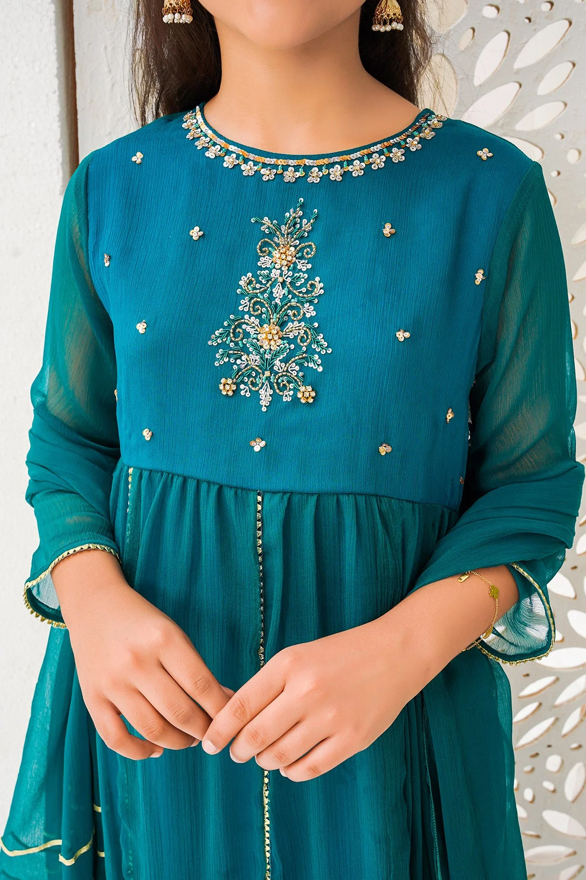 Ochre Clothing Chiffon Hand Adda Work 3 Pc Suit - Image 2