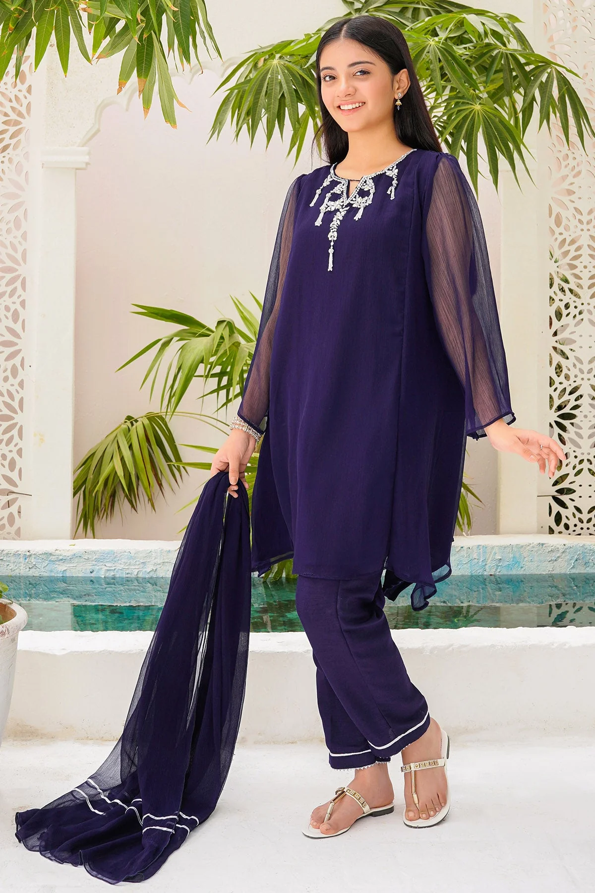 Ochre Clothing Chiffon Hand Adda Work 3 Pc Suit - Image 2