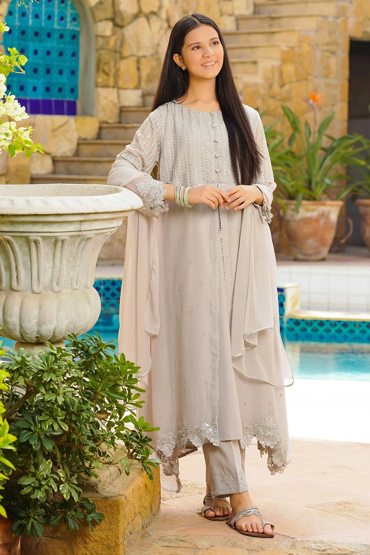 Ochre Clothing Chiffon Hand Adda Work 3 Pc Suit