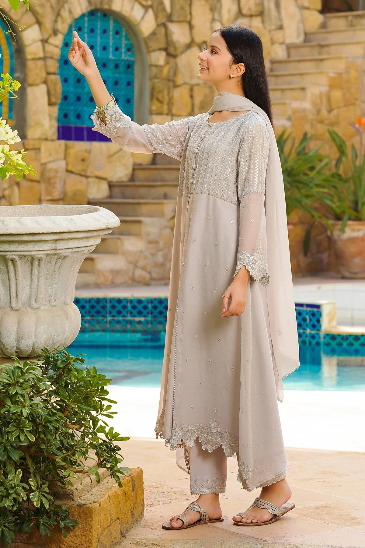 Ochre Clothing Chiffon Hand Adda Work 3 Pc Suit - Image 6