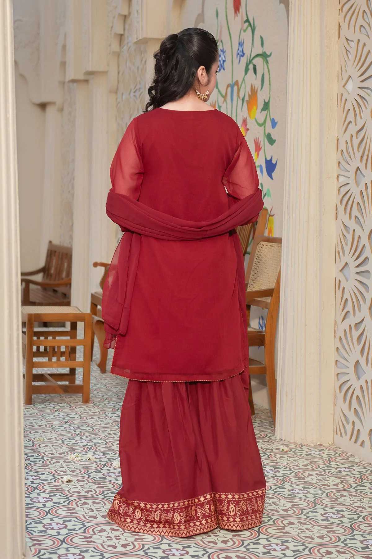 Ochre Clothing Girls Full Suits Chiffon Hand Adda Work 3 Pc Suit - Image 5
