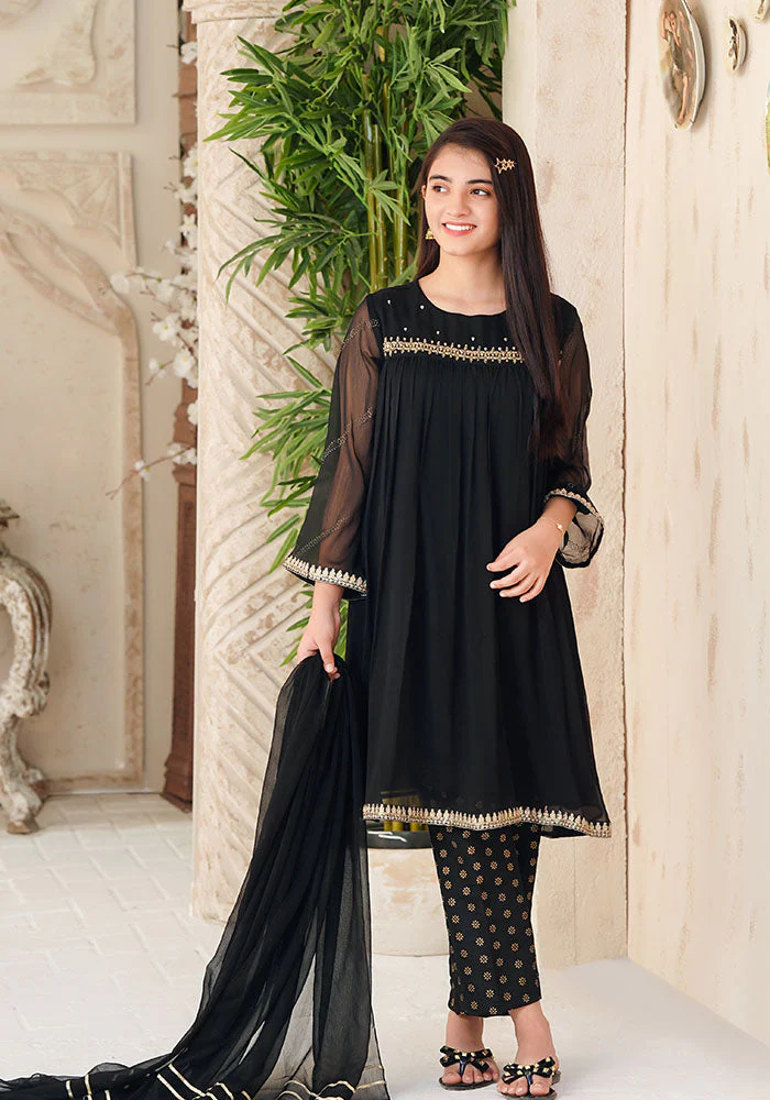 Ochre Clothing Chiffon Hand Adda Work 3 Pc Suit