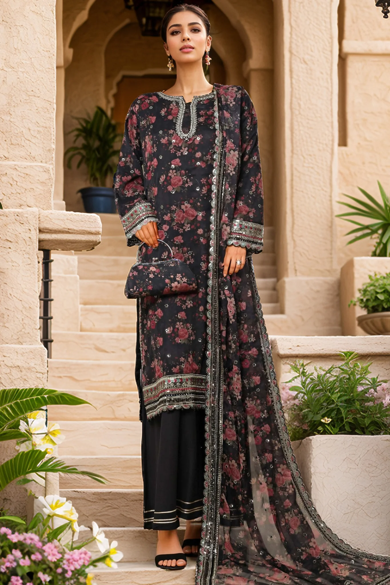 Cira Luxe By Sada Bahar Stitched 3 Piece Chiffon Formals Suit-CIRA-Black