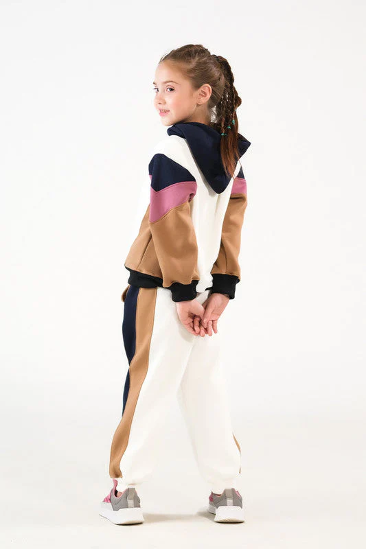 Sprinkles Stitched 2 Piece Winter Co Ord Sets Kids Suit-Color-Block Hoodie Set - Cream - Image 5