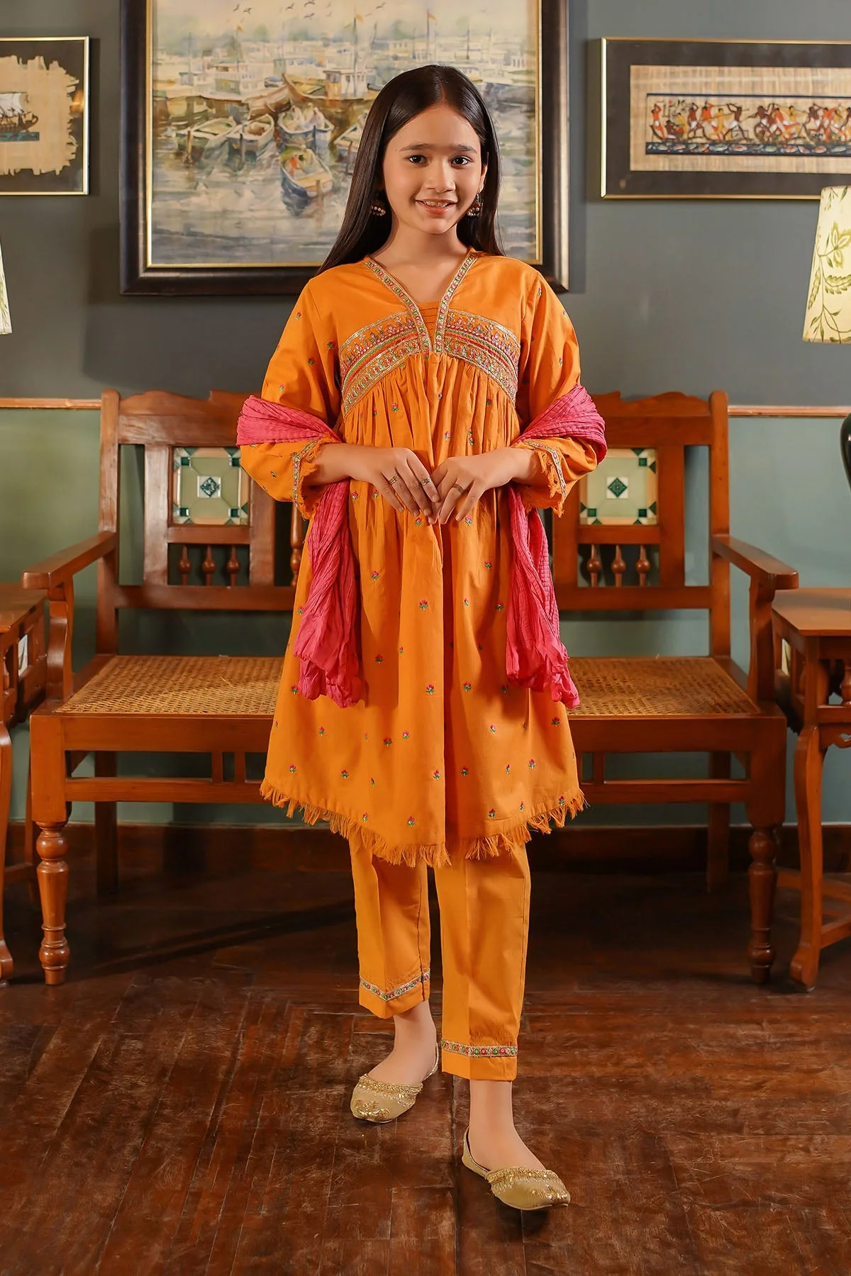 Ochre Clothing Girls Full Suits Cotton Embroidered 3 Pc Suit