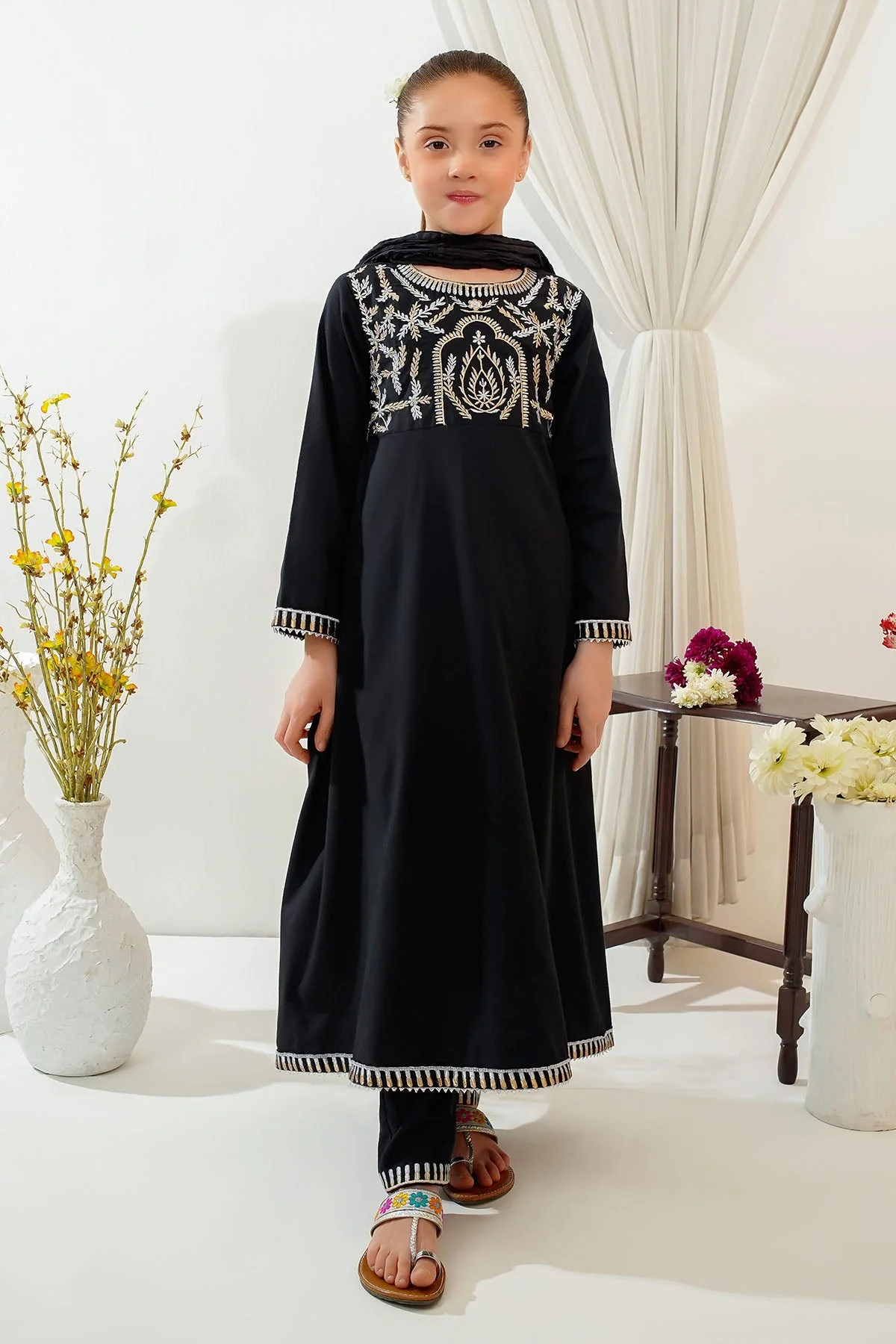 Ochre Clothing Girls Full Suits Cotton Embroidered 3 Pc Suit