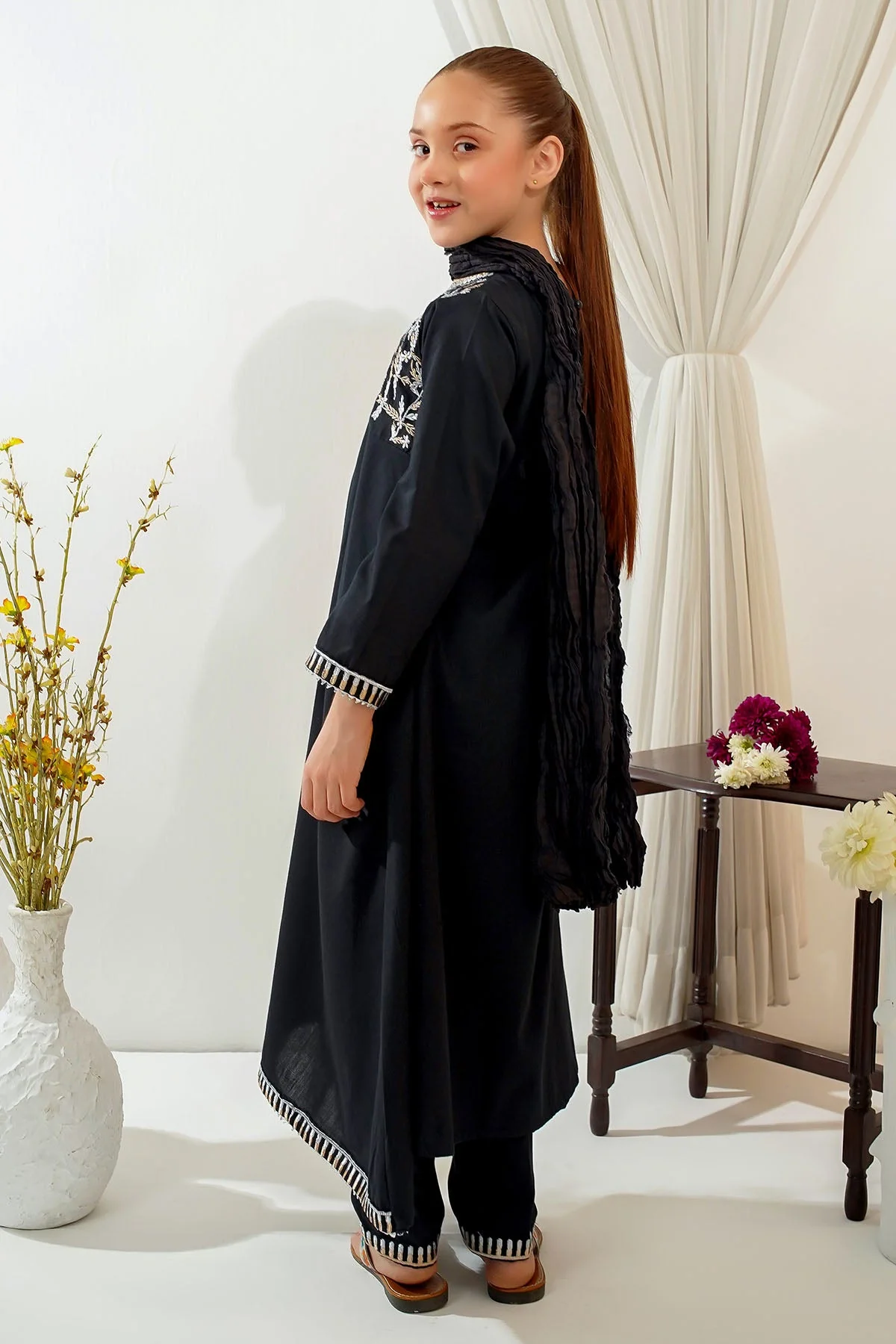Ochre Clothing Girls Full Suits Cotton Embroidered 3 Pc Suit - Image 3