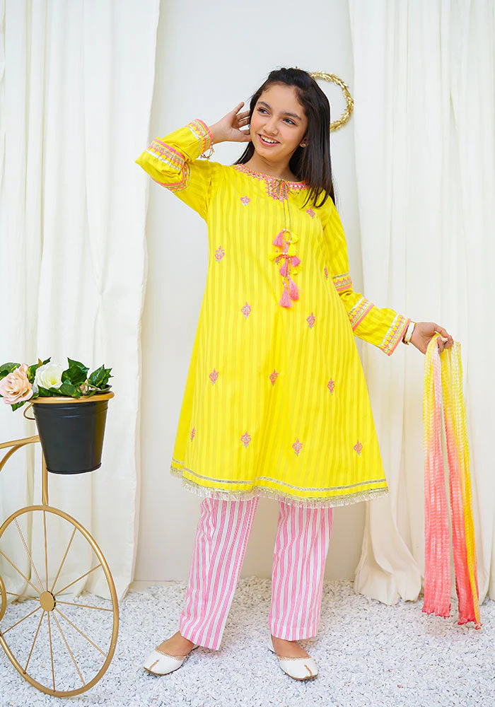Ochre Clothing Cotton Jacquard Embroidered 3 Pc Suit