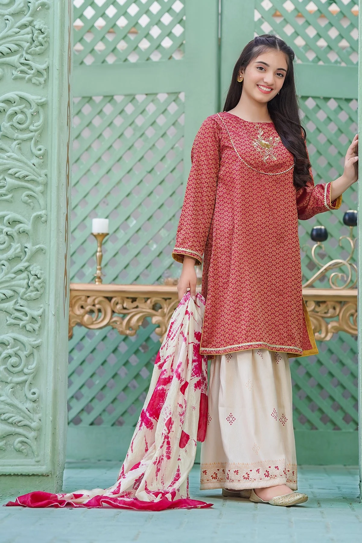 Ochre Clothing Cotton Jacquard Hand Adda Work 3 Pc Suit - Image 5
