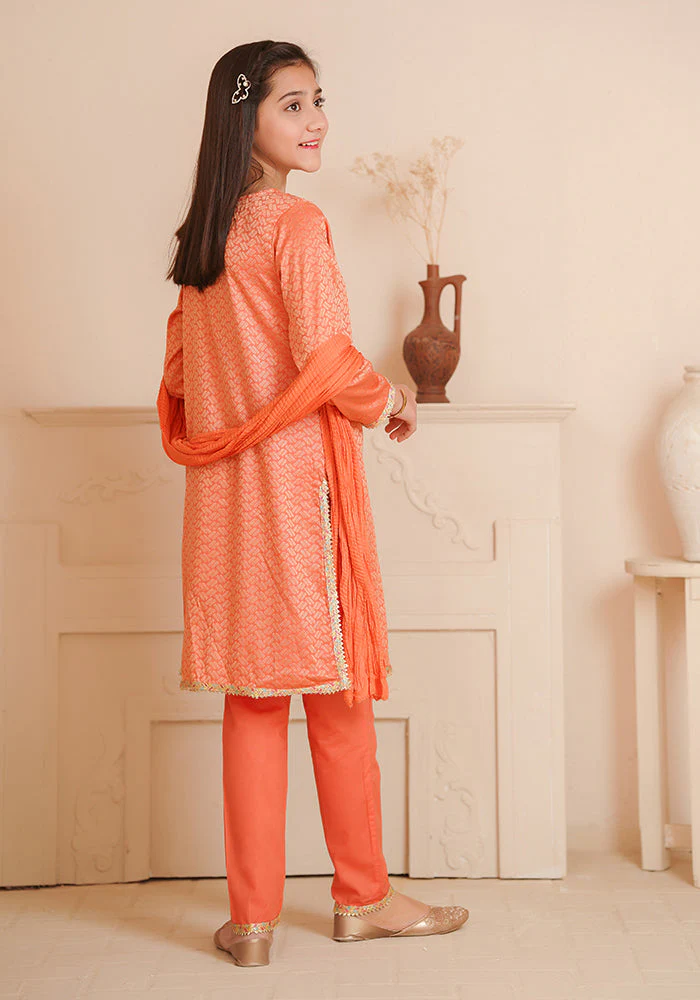 Ochre Clothing Cotton Jacquard Hand Adda Work 3 Pc Suit - Image 5