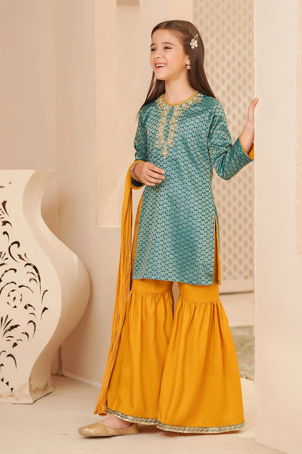 Ochre Clothing Cotton Jacquard Hand Adda Work 3 Pc Suit - Image 3