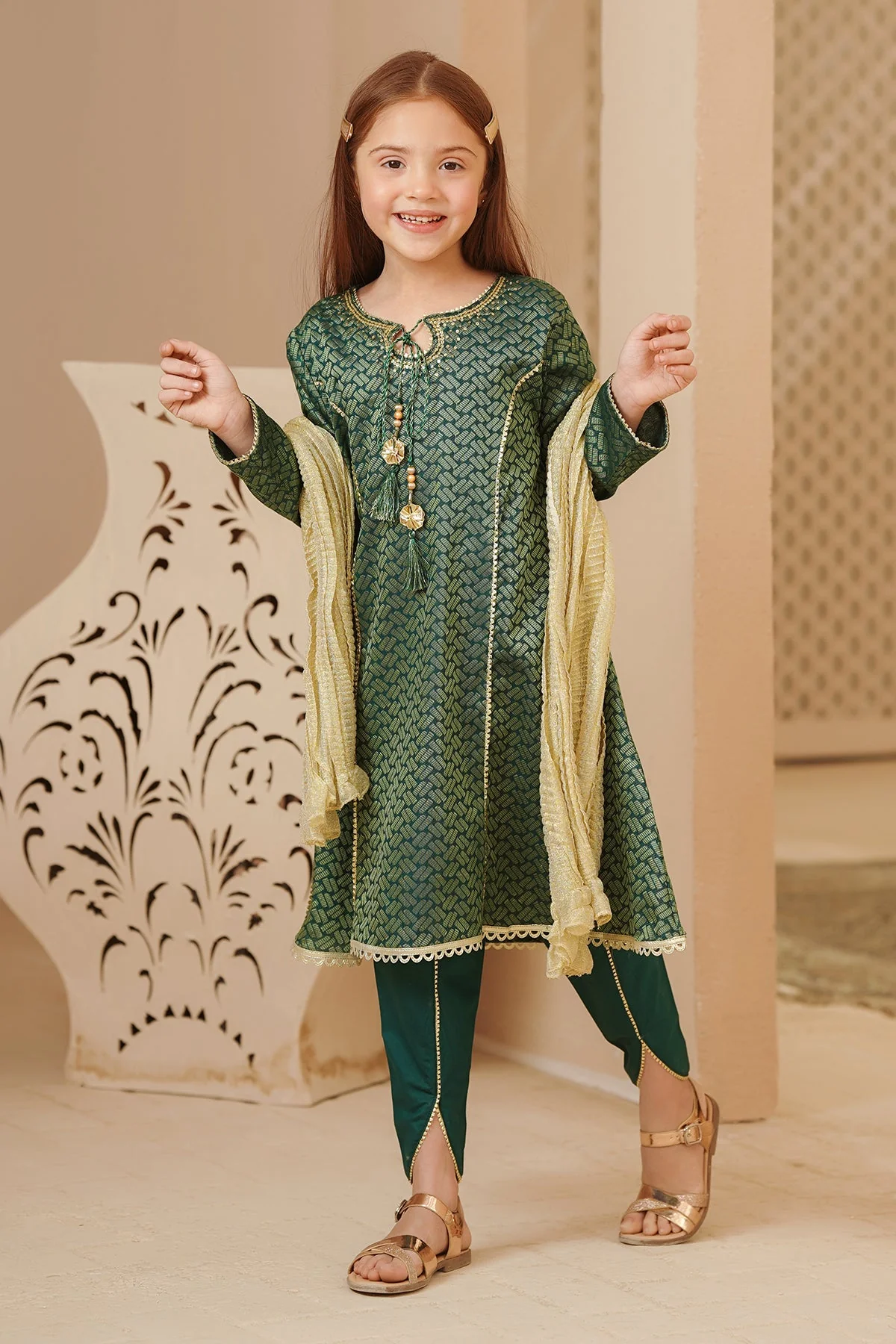 Ochre Clothing Cotton Jacquard Hand Adda Work 3 Pc Suit - Image 2