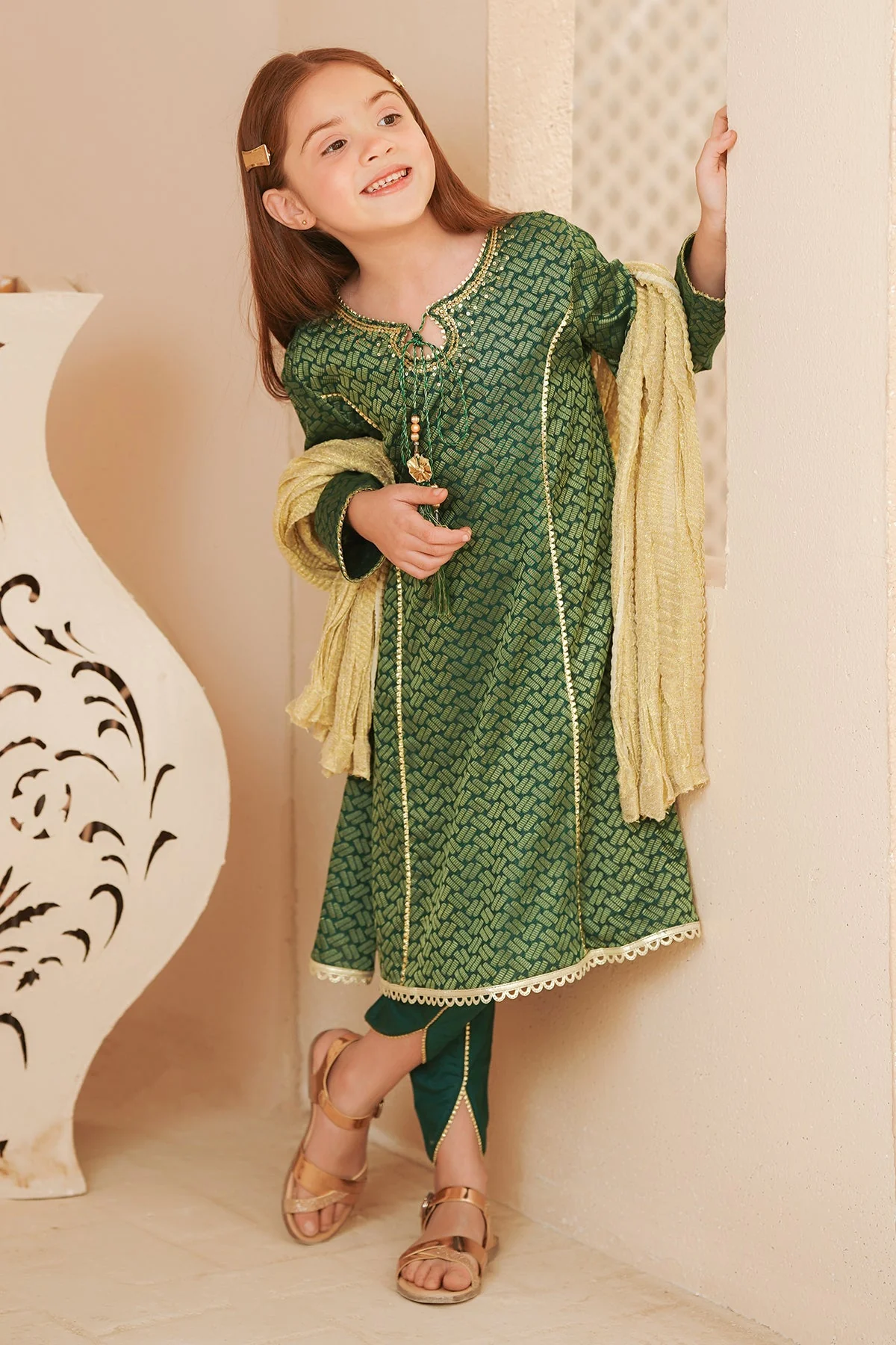 Ochre Clothing Cotton Jacquard Hand Adda Work 3 Pc Suit - Image 4