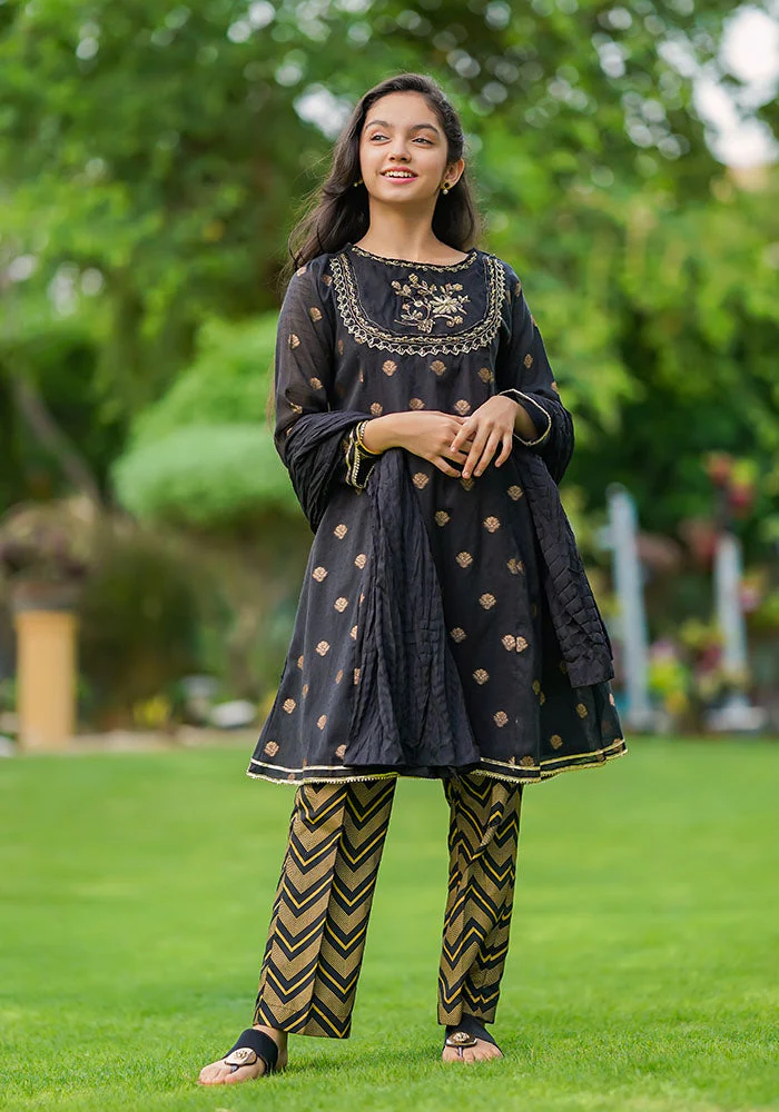 Ochre Clothing Cotton Jacquard Hand Work 3 Pc Suit