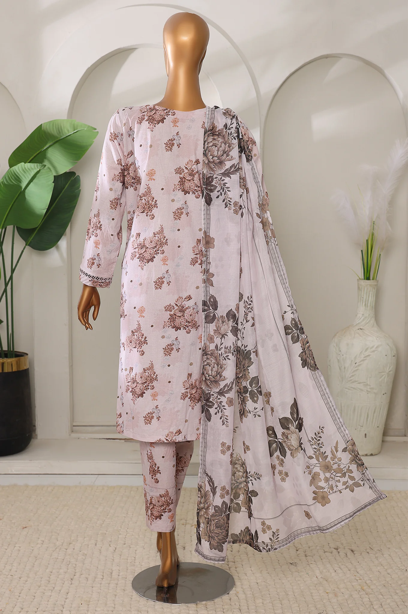 Sumi Stitched 3 Piece Intermix Printed Cambric Suit-CPl-06-Coffee - Image 3