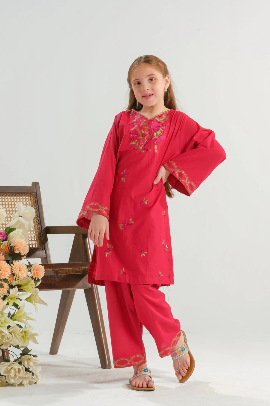 Sprinkles Stitched 2 Piece Summer Co Ord Sets Kids Suit-Crimson Petal Grace - 2pcs - Embroidered - Image 5