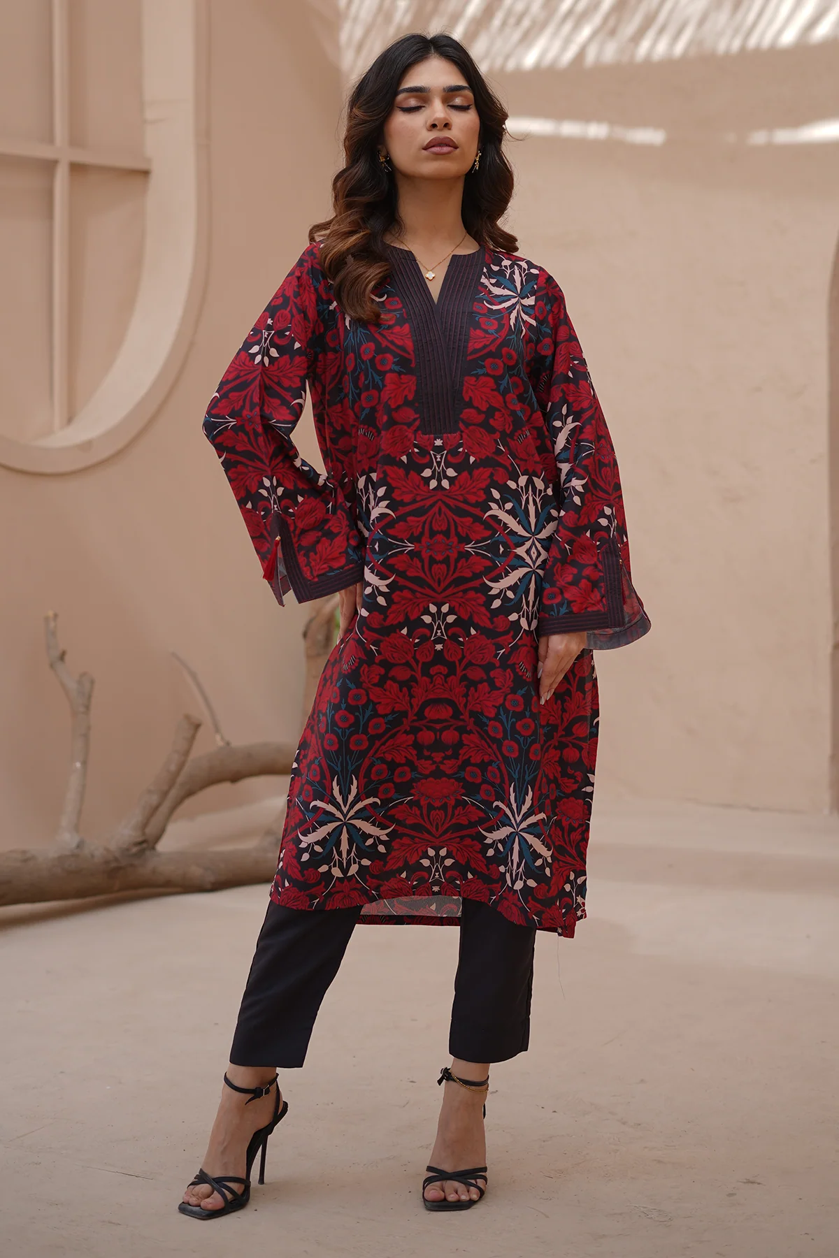 Nairah Stitched Co Ords Summer Suit-Crimson
